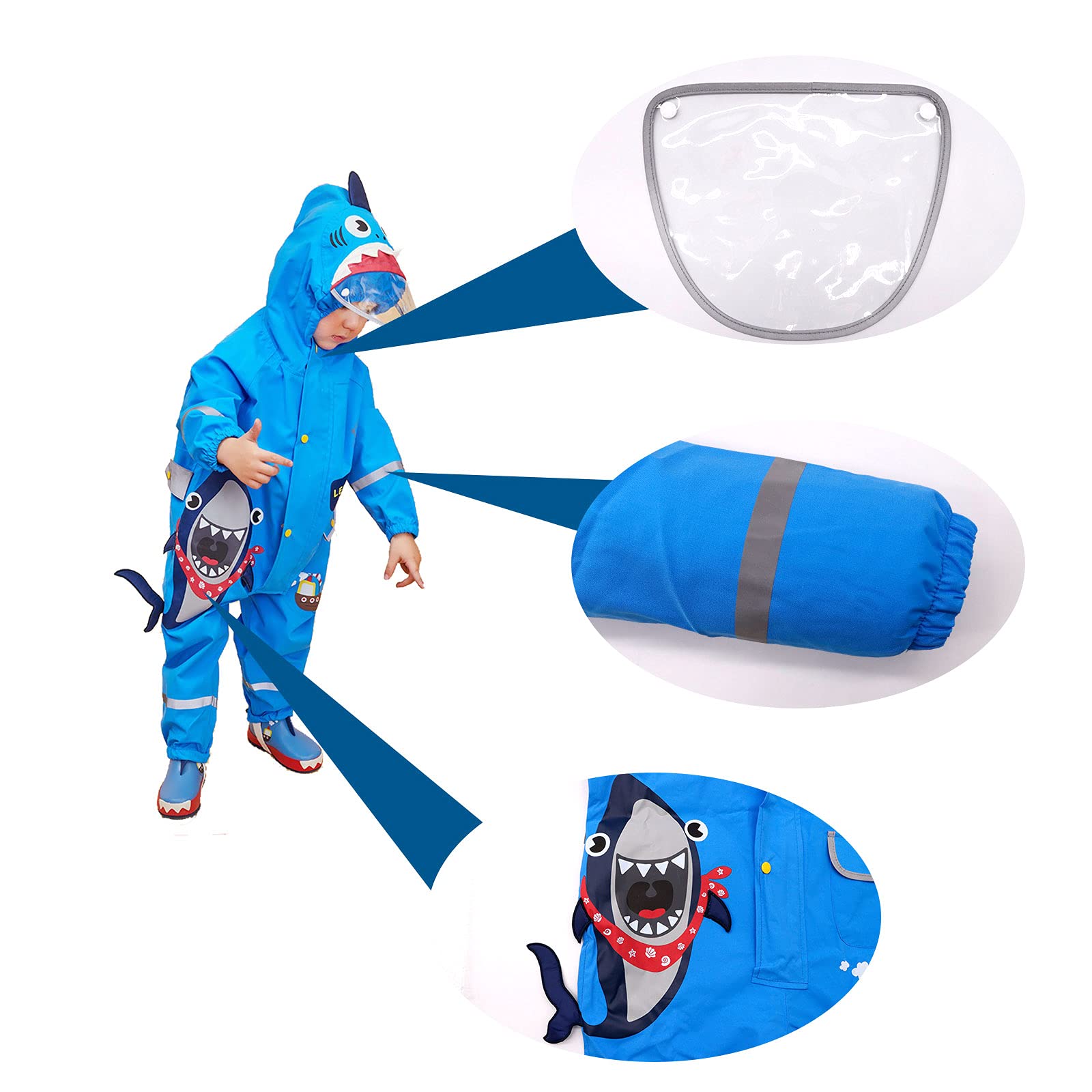 JinBei Garnitury dziecięce dla chłopców i dziewcząt wszystko w jednym, wodoodporne płaszcze przeciwdeszczowe z kapturem unisex, lekkie, urocze wzory 3D, kombinezony przeciwdeszczowe, oddychające