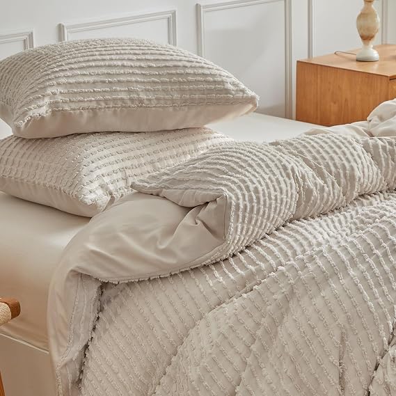 WARMDERN Khaki Boho Duvet Cover Set Queen Size, Tuft Texture, 3-Piece | Striped Style, Solid Color, Soft Breathable Lightweight Bedding Set for All Seasons, Hidden Zipper, 4 Ties, Machine Washable