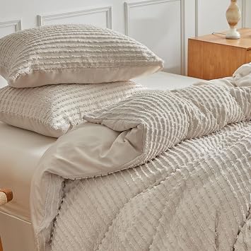 WARMDERN Khaki Boho Duvet Cover Set Queen Size, Tuft Texture, 3-Piece | Striped Style, Solid Color, Soft Breathable Lightweight Bedding Set for All Seasons, Hidden Zipper, 4 Ties, Machine Washable