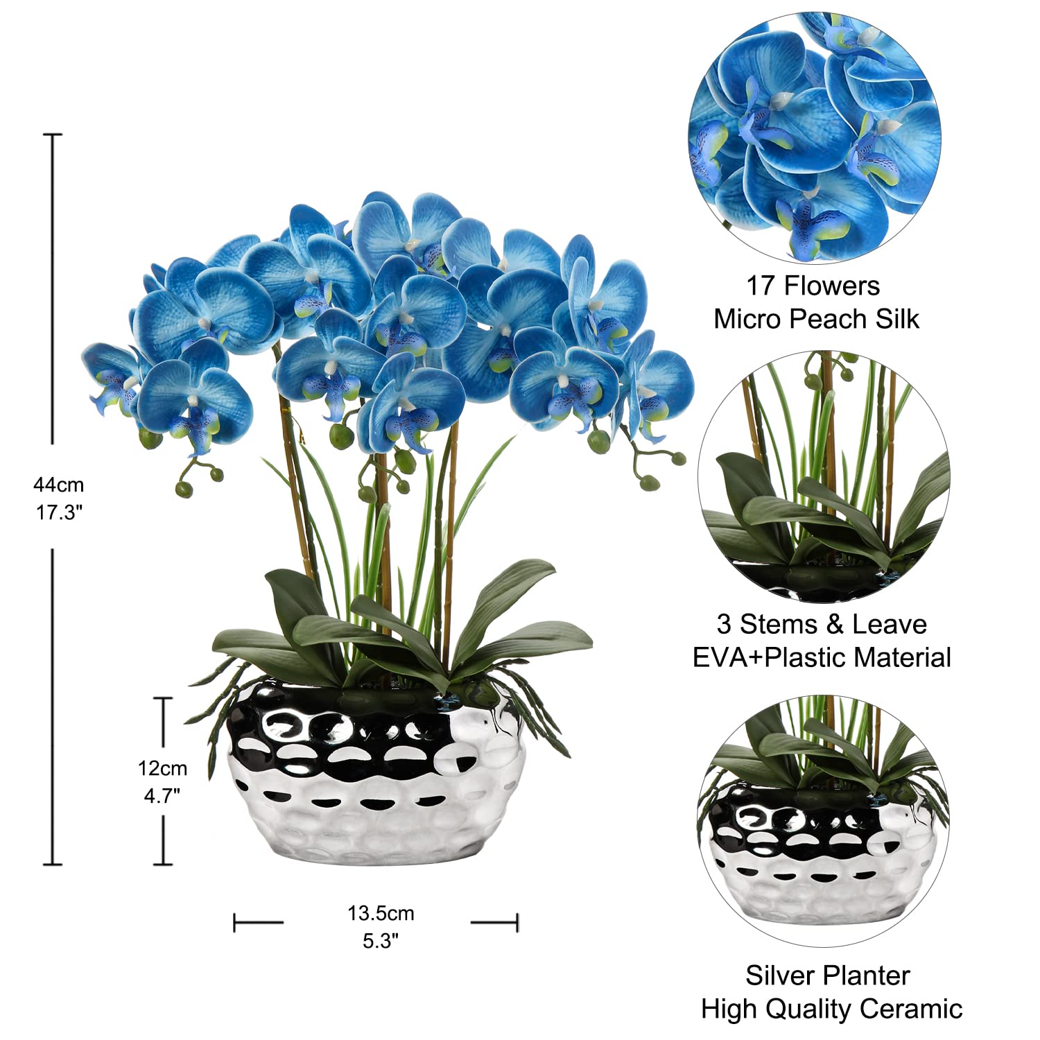 Briful - Orchidee artificiali da 46 cm, orchidea Phalaenopsis blu con vaso in ceramica argentata, orchidea finta per casa, ufficio, bagno e soggiorno, decorazione per la tavola
