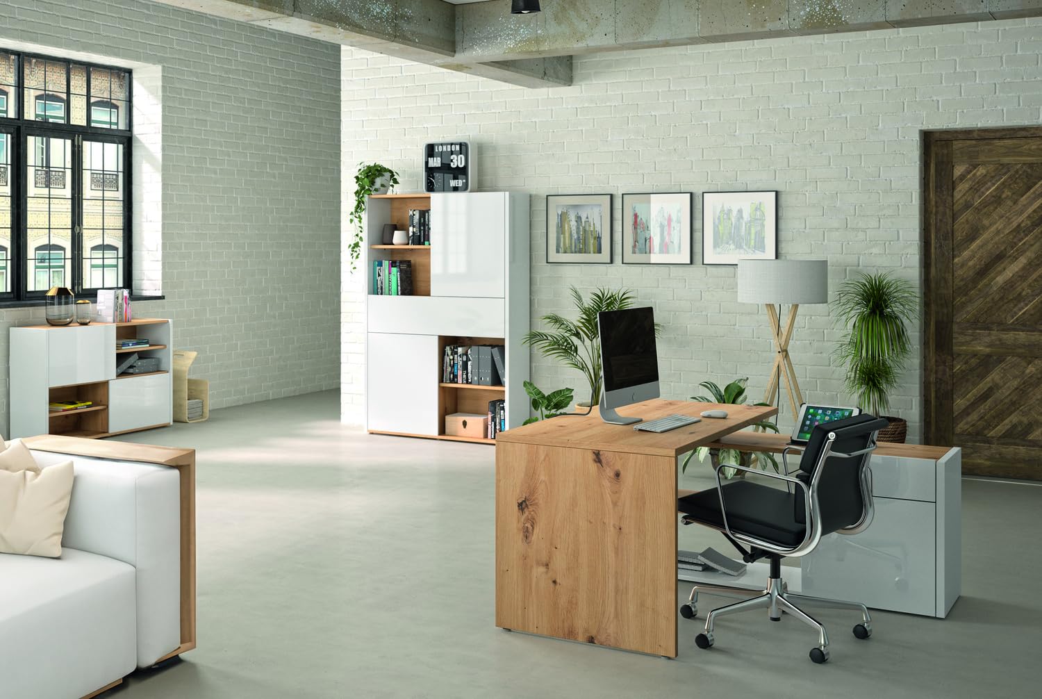 Composad | Base Multiuso della Linea ABILE con 2 Ante Scorrevoli, Mobile Archivio per Uffico e Home Office, (LxAxP):140x84,5x35,4 cm, Bianco Laccato e Rovere Mielato