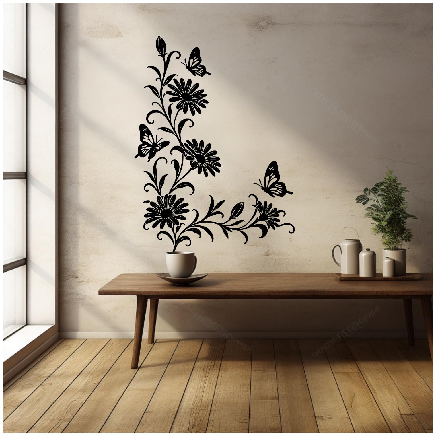 Samunshi® Wandtattoo Margeriten Blumenranken Ecke mit Schmetterlingen Elegante Blumen Wanddekoration Florales Wandmotiv für Wohnzimmer, Schlafzimmer, Flur und Küche pink 89 x 120cm