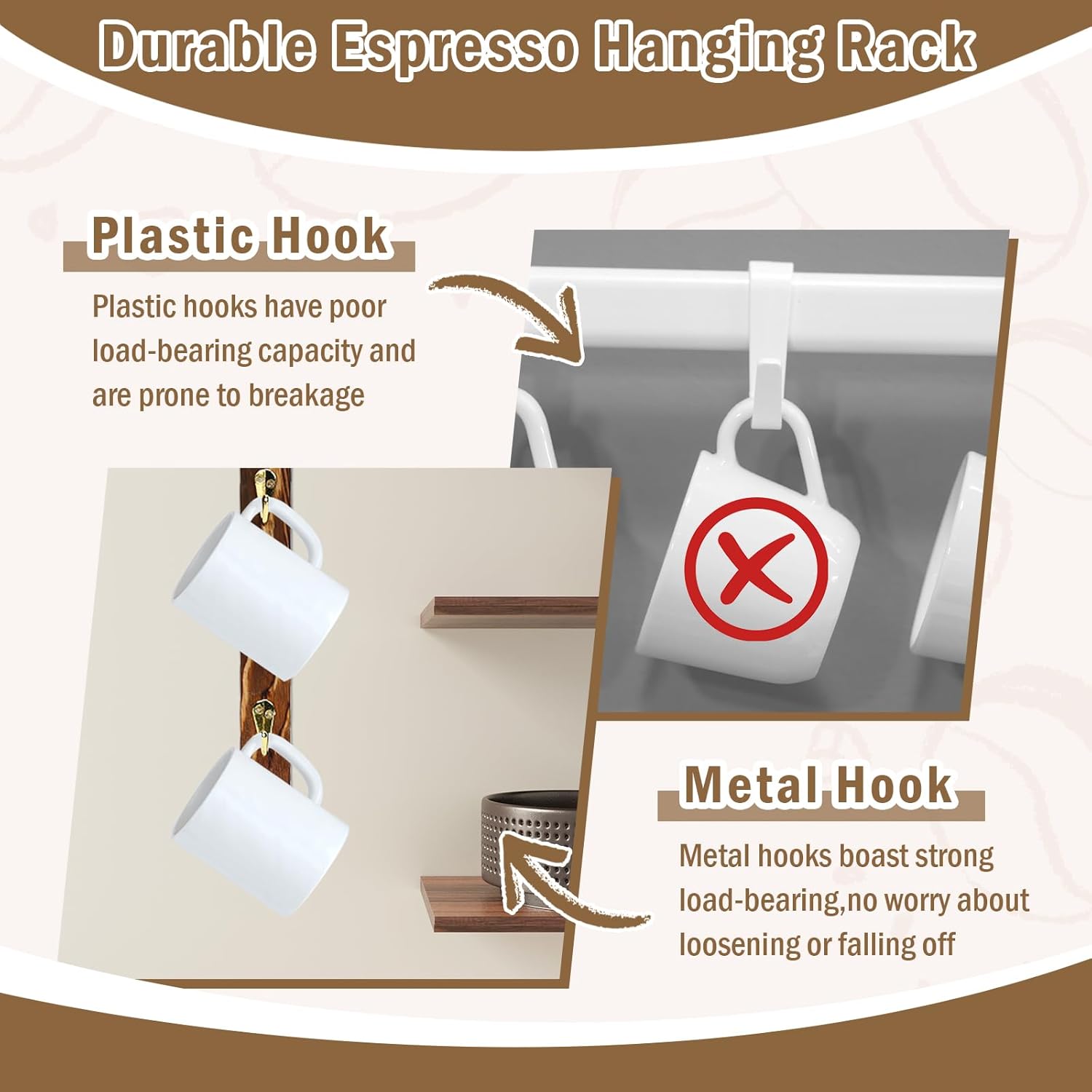 2 Pack Coffee Mug Wall Rack with 12 Hooks Burnt Wood Wall Mounted Coffee Mug Holder Brown Coffee Cup Organizer Coffee Mug Shelf Hanger Espresso Cup Hanging Rack Tea Cup Display Stand for Bar