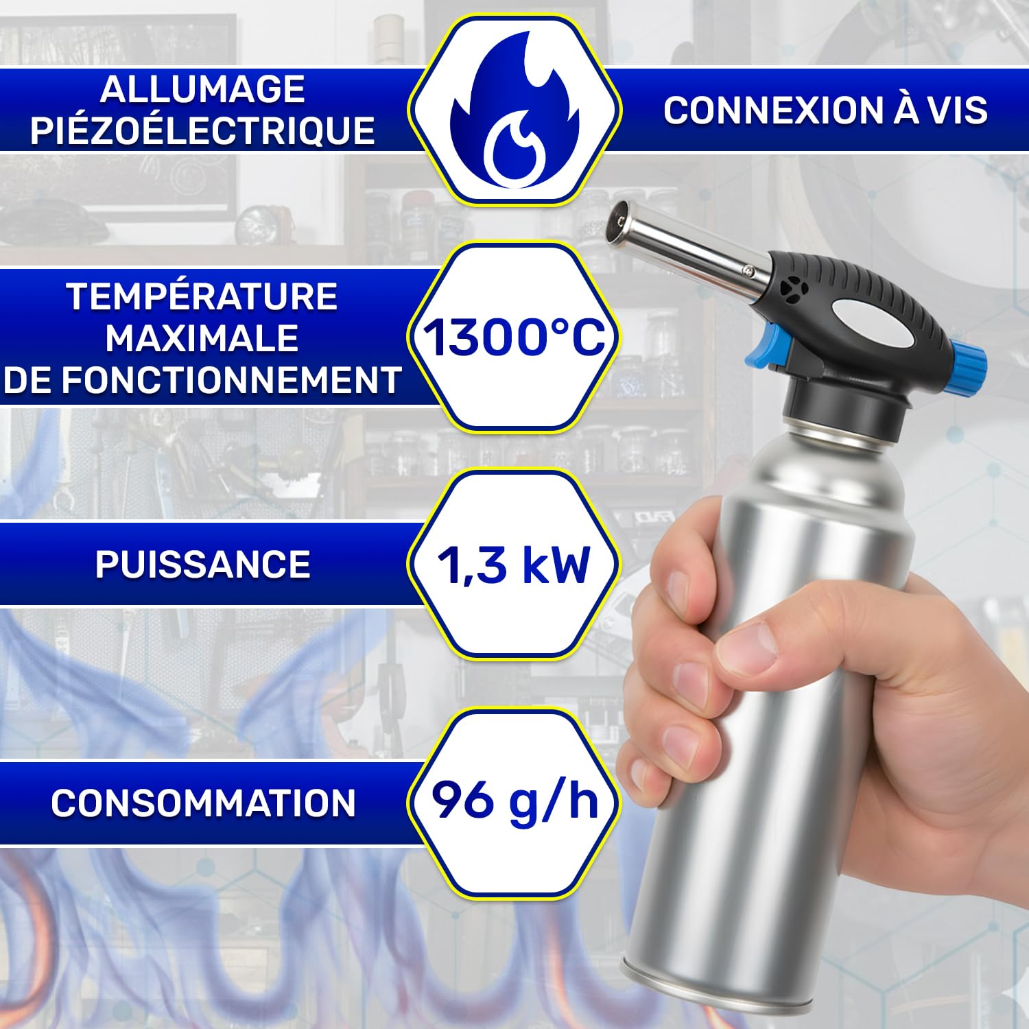 Chalumeau Butane 1,3 kW 1300°C avec Allumage Piézoélectrique et Raccord TWIST - Chalumeau Gaz Butane pour Lampe a Souder Camping Gaz pour Bricolage Soudure pour Barbecue pour Cheminée - MONTERAL