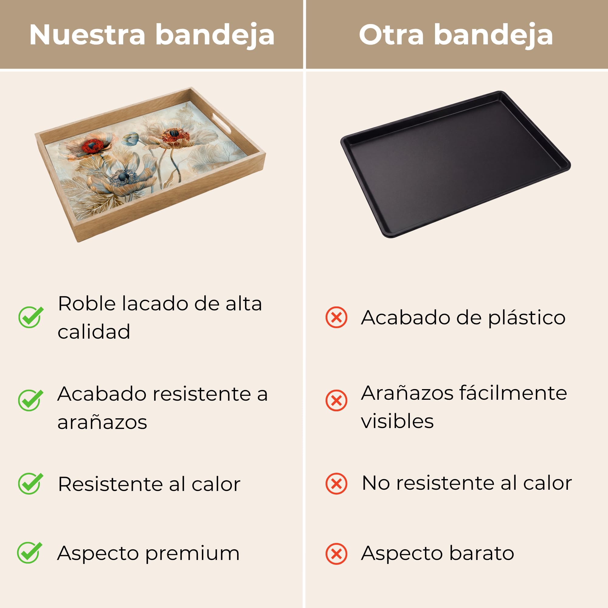 Bandeja Madera De Roble Rectangular 50x35 cm Bandejas Desayuno para Servir Comida Cocina Resistente Al Calor Cafe Tray Tabuleiro Flores - Beige - Moderno - Ilustración