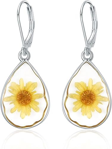Pendientes de lágrima de flores secas prensadas, aretes colgantes de flores prensadas, regalos de joyería para mujeres, Plata de ley