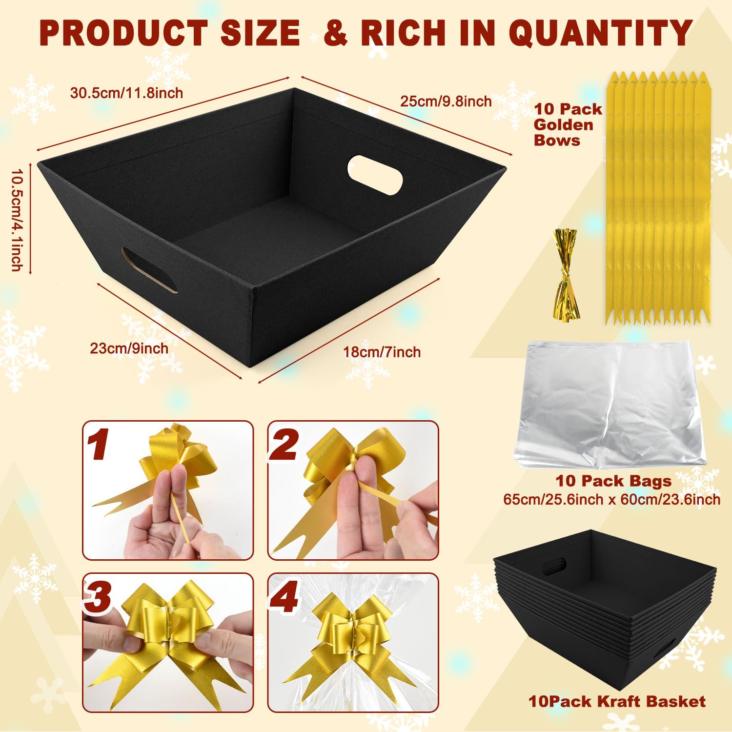 Set di 10 cesti regalo vuoti, 25 x 25 cm, in carta kraft, con 10 fiocchi, 10 sacchetti vuoti, per Natale, Ringraziamento, San Valentino, Pasqua, matrimonio, festa di compleanno, confezione regalo