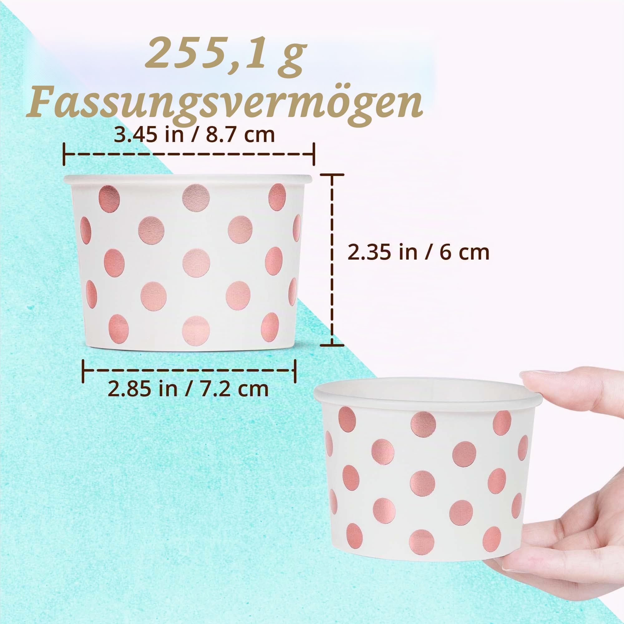 MATICAN Papp-Eisbecher, 50 Stück, 255 ml, Einweg-Dessertschalen für Heiß und Kalt, Roségold Folien-Punkte