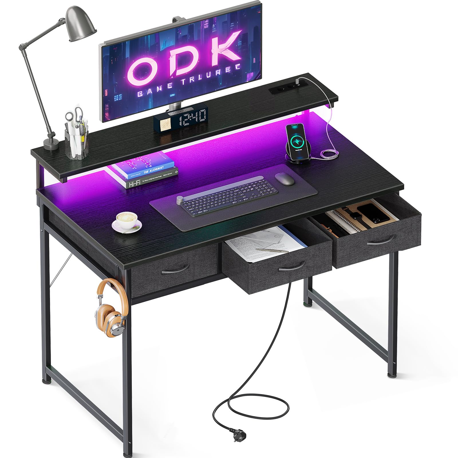 ODK Escritorio con 3 cajones y Soporte de Monitor Ajustable, Mesa de Gaming con Tomas de USB y Luces LED, Negro 100x50x78.7 cm