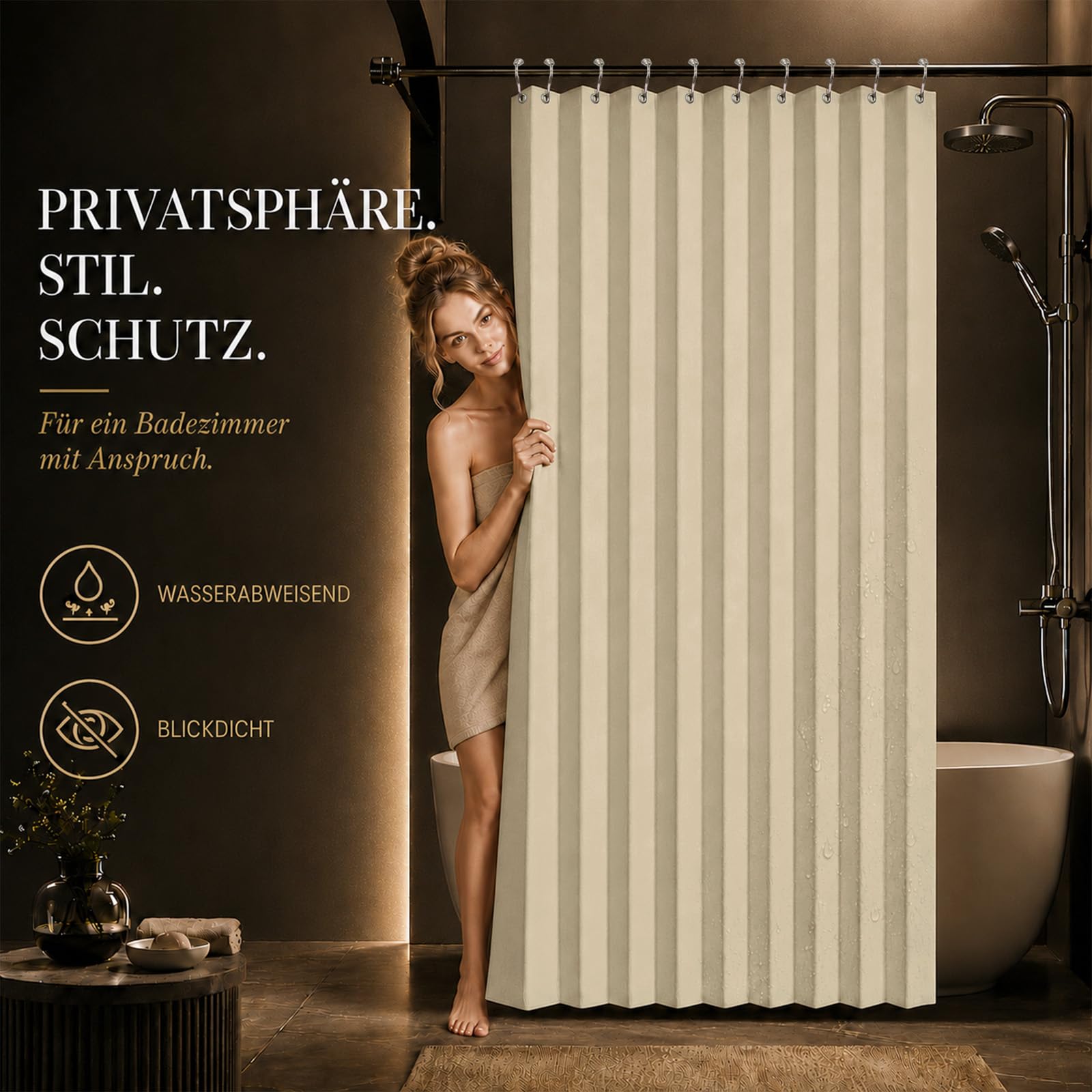 Jilron Faltbares Duschrollo für Badezimmer – Platzsparender Duschvorhang mit wasserdichter Beschichtung, ideal für Zuhause, Fitnessstudio und Wohnmobil(Beige-H183 x B196 cm) 1er-Pack
