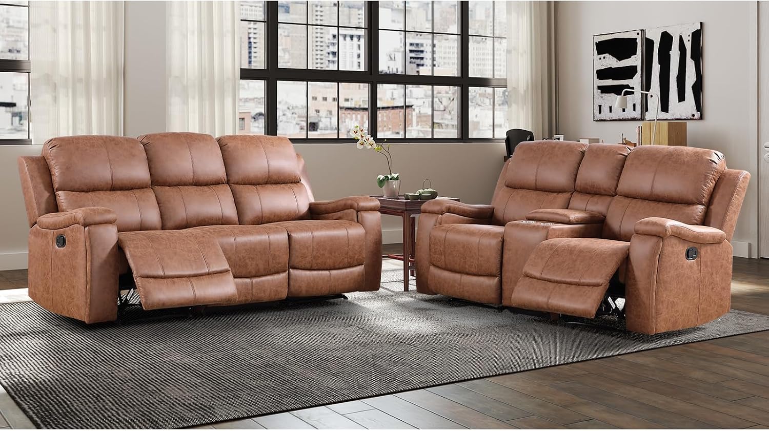 EBELLO Faux Leather Manual Reclining Couch Furniture Set for Living Room, Loveseat with Cup Holders, 3 Seat Reclining Sofa Set for Meeting Room, Brown (Loveseat+Sofa)