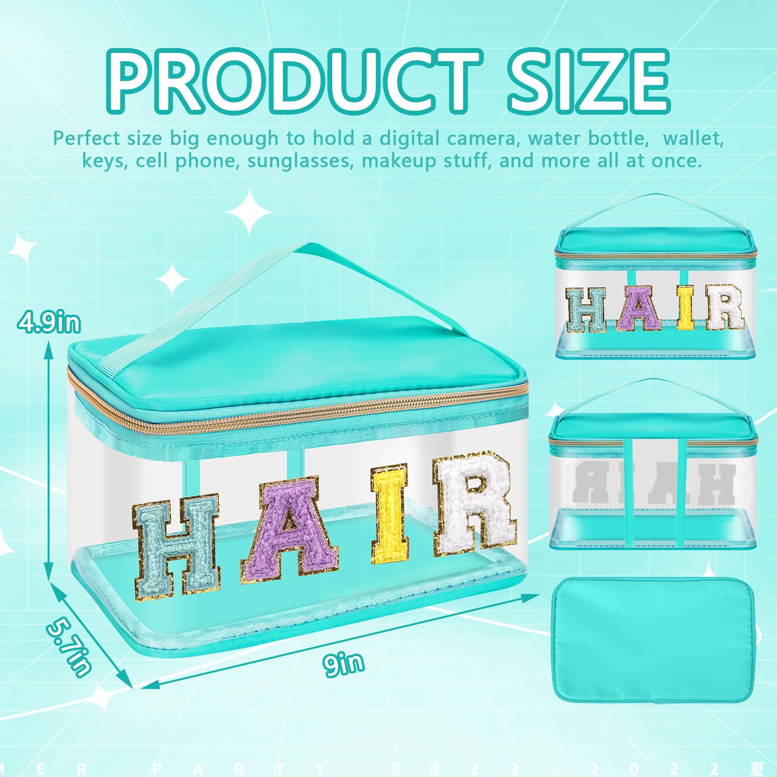 Iqimott Preppy Clear Makeup Cosmetic Bag for Women Travel, Nylon PVC Chenille Glitter Letter Toiletry Storage Tote Bag, Transparent Waterproof Organizer Zipper Pouch with Handle(Hair, Green)