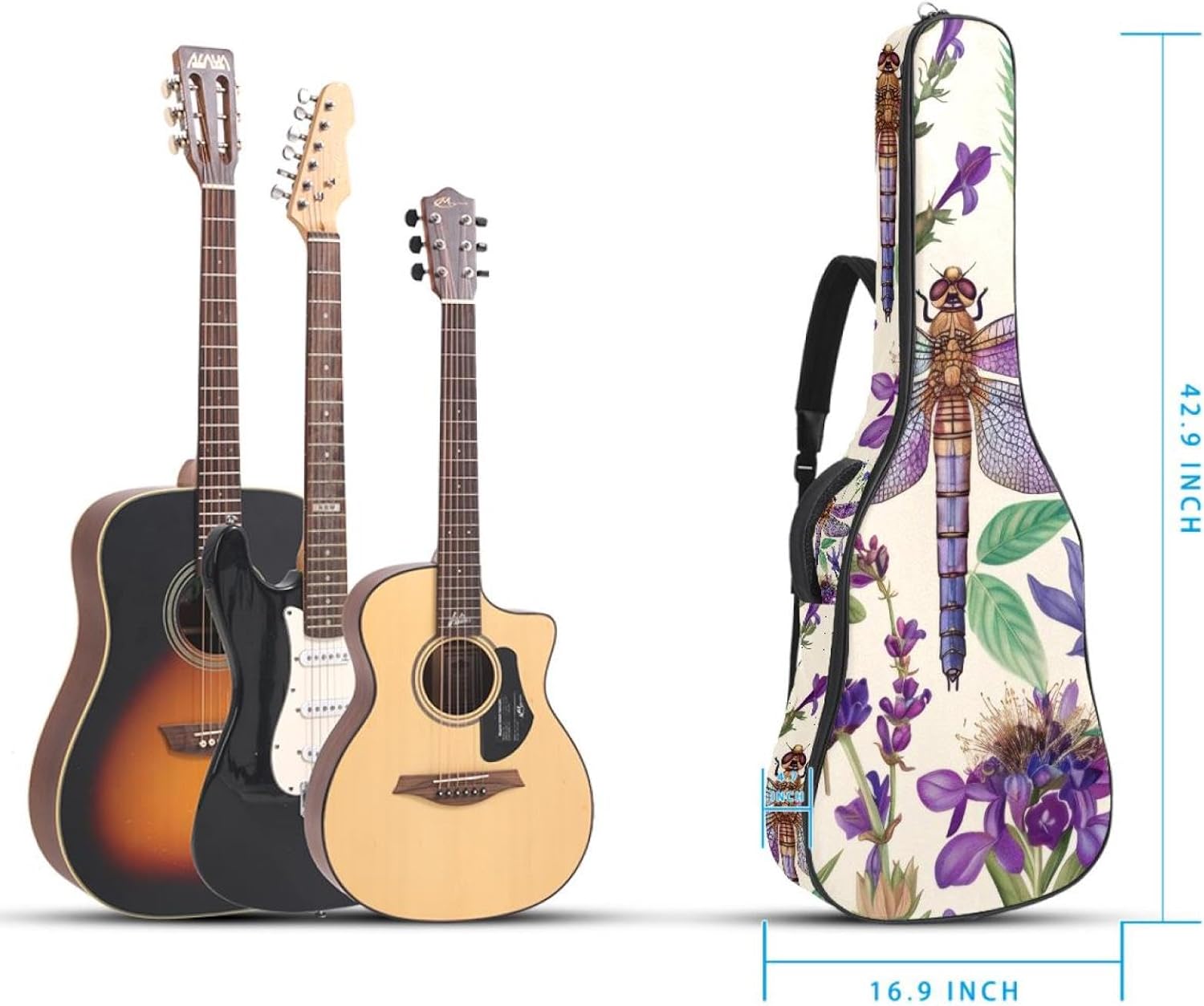 40 41 42 Inch Guitar Bags, Waterproof Padded Acoustic Guitar Case Backpack with Adjustable Shoulder Strap & Pockets, Purple Dragonfly Wildflowers Floral Herbs