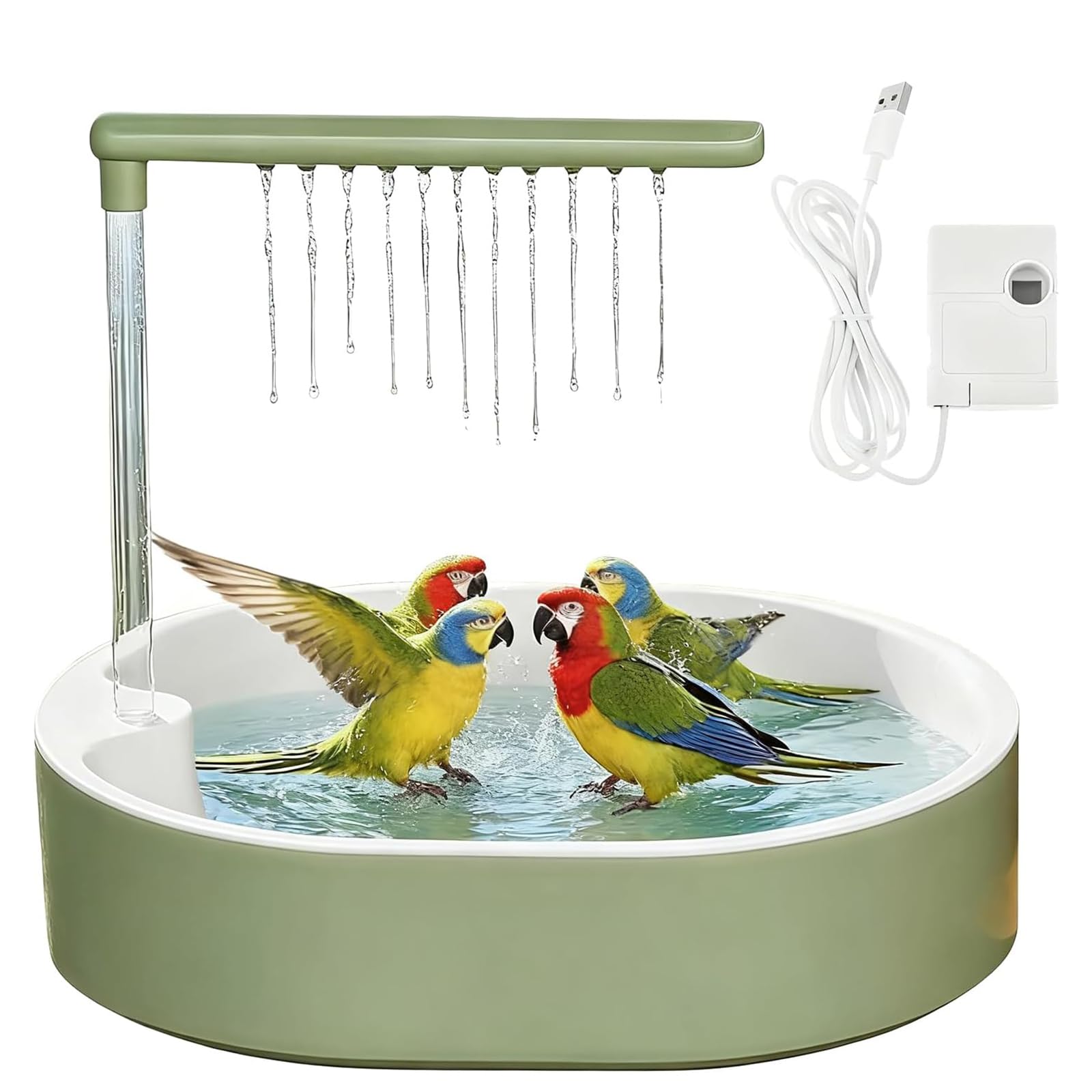 Growalleter Automatic Parakeet Bird Bath & Parrot Shower with USB Pump, Adjustable Water Flow & Height, Stainless Steel Mat, Large Bathtub for Cockatiel Conure Budgie Lovebird Indoor Cage