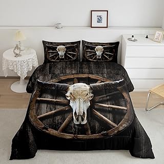 Manfei Kids Wood Wagon Wheel Comforter Set Full Size,Long Horned Bull Skull and Old West Wagon Wheel on Rustic Wall,3pcs for Kids Teens Room Decor,Black Brown Duvet Set Soft Quilt with 2 Pillowcases