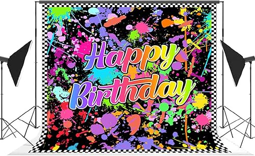 Miniatura 2 de Lofaris Fondo de fotografía de fiesta de cumpleaños con brillo neón (no brilla), colorido graffiti salpicado en la oscuridad, fondo retro de Let's