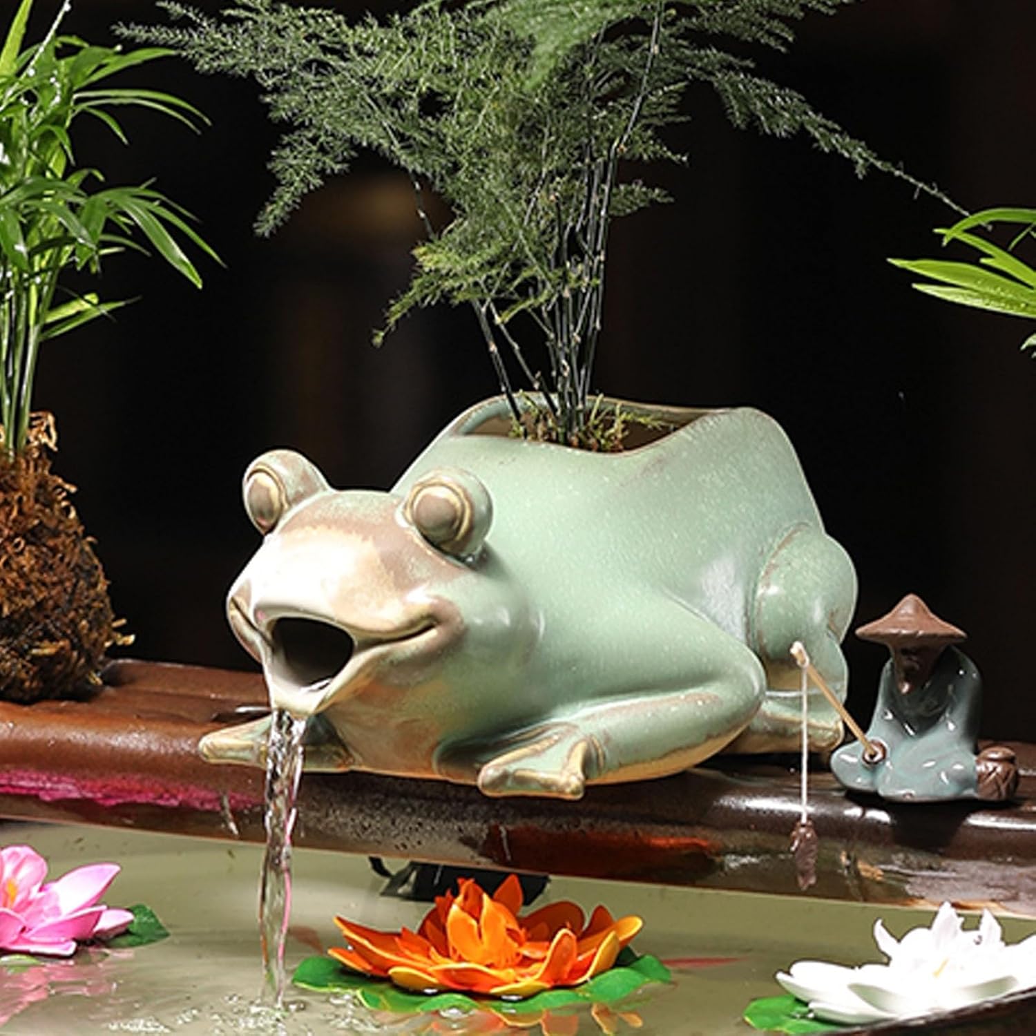 Spitters for Small Ponds, Garden Pond Spitters, with Water Pump and Hose, Outdoor Garden Fountain Spitter Pond Water Feature, Fish Tank Automatic Circulation(Green)