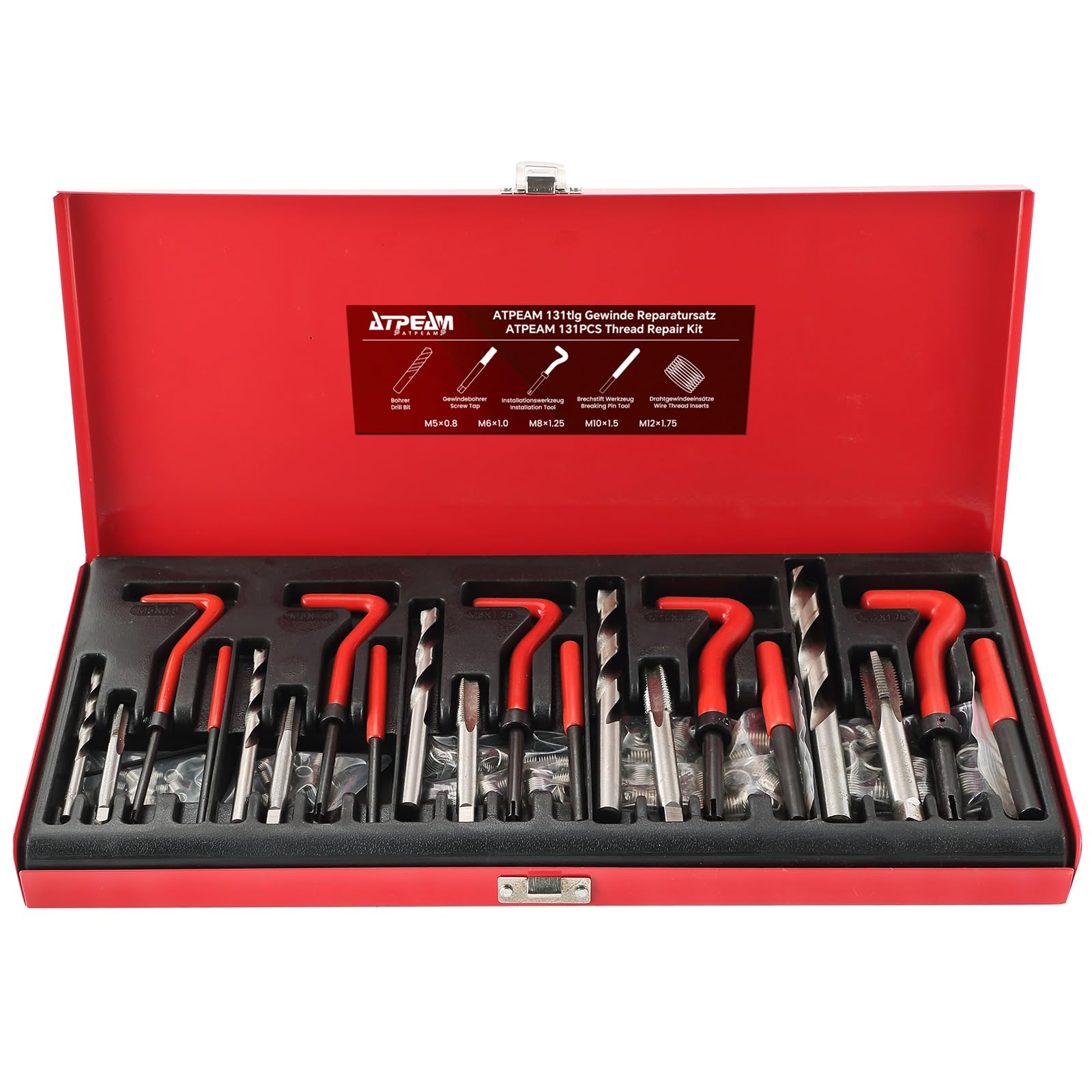 ATPEAM Juego de Reparación de Roscas 131 Piezas con Insertos Tipo Helicoil, Kit Profesional M5 M6 M8 M10 M12 para Restaurar Roscas Dañadas
