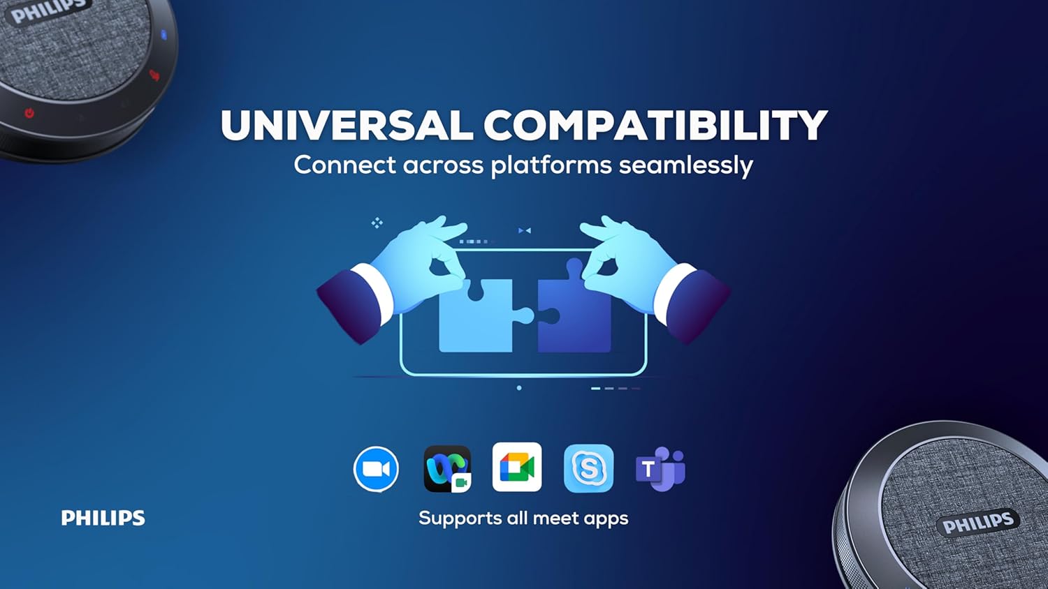 Top-down view of the Philips PSE0401 speakerphone with icons for USB and Bluetooth connectivity, highlighting its versatile connection options.