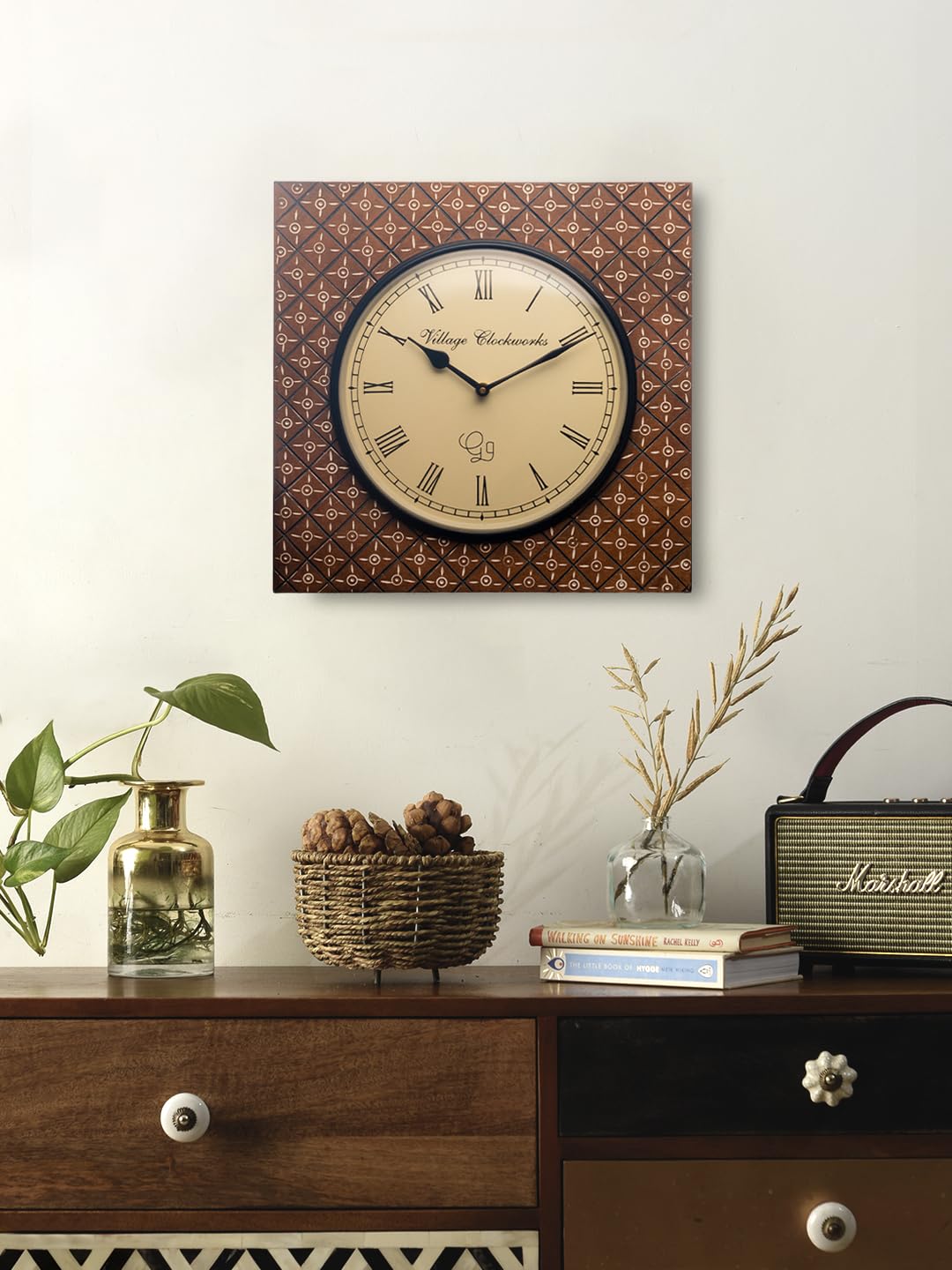 Green Girgit Wooden Square Brown Checkers Handpainted 16 Inches Analog Wall Clock| Ethnic Wall Clock| Wooden Wall Clock| Living Room Wall Clock| 16 Inch Wall Clock| Gifting Wall Clock