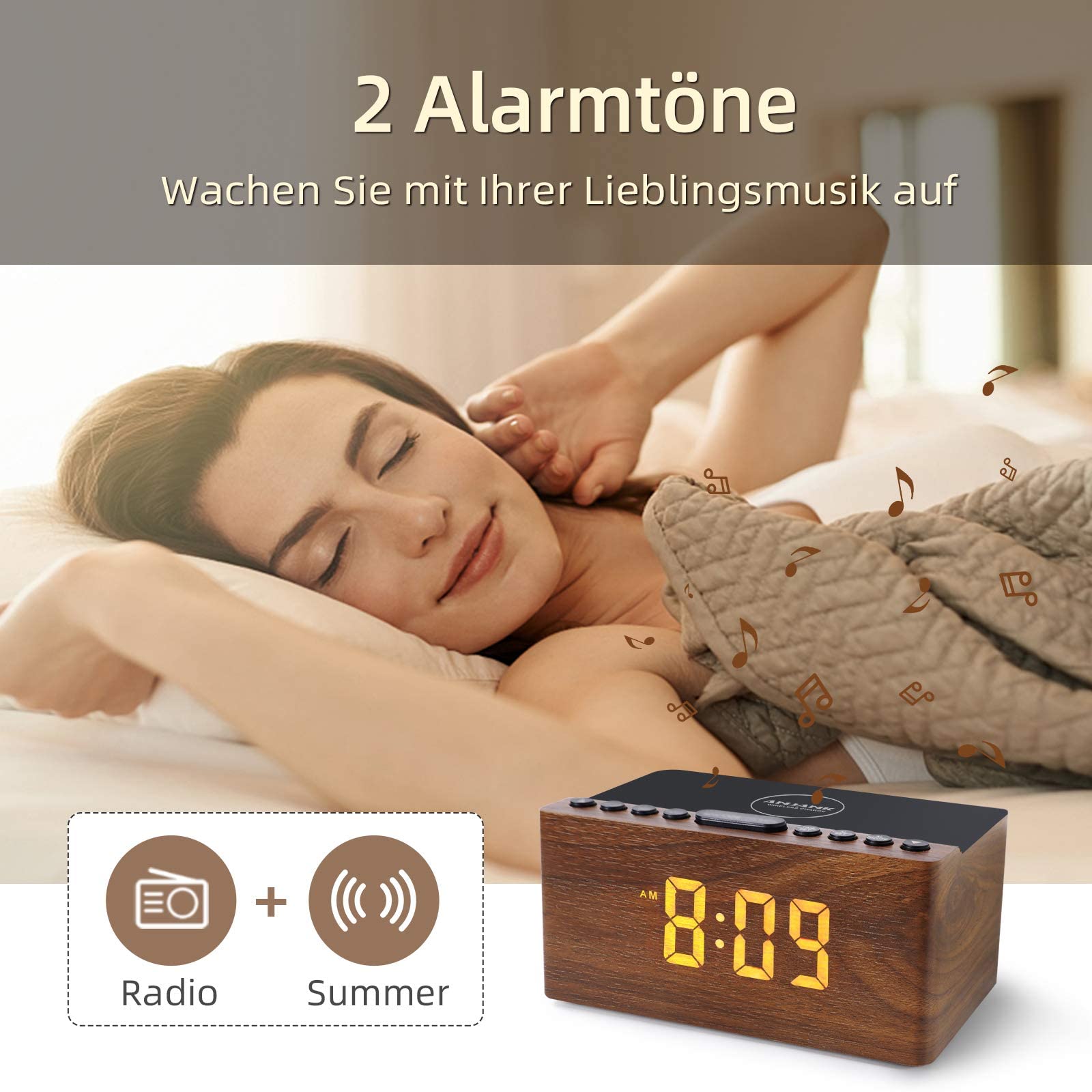 ANJANK Radio Despertador Digital de Madera con estación de Carga inalámbrica, 10 W, Cargador rápido inalámbrico para iPhone/Samsung Galaxy, Puerto de Carga USB, Radio Reloj sin Tic TAC.