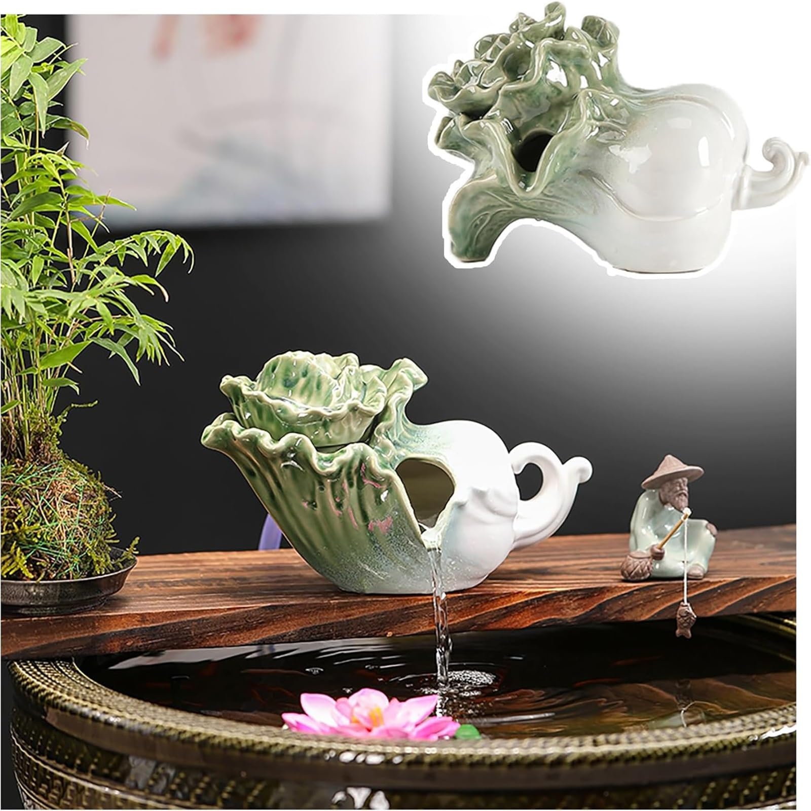 Ceramic Bok Choy Fountain Pond Spitter – Eastern Symbolism for Wealth & Prosperity Outdoor Water Fountain Kit for Koi Small Ponds