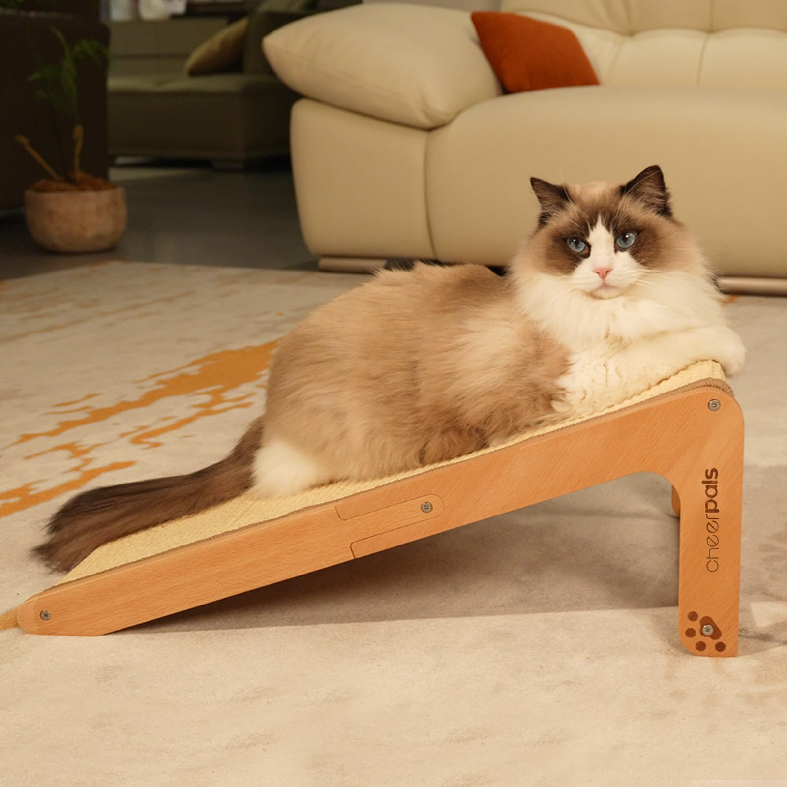 CheerPals Dual-Use Sisal Kratzbrett Katzen- Large 63cm H, Massivholz Buche & Natürliche Sisal Kratzsäule Katze, L-förmige Kratzmöbel für alle Katzen Spielen, Entspannen