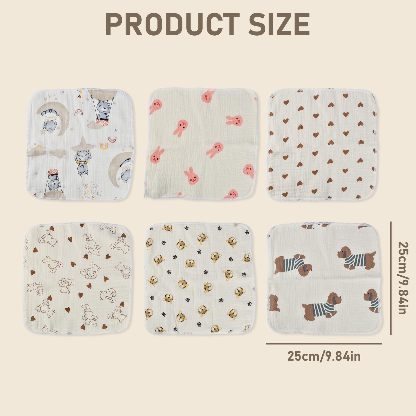 Mussole Neonato Cotone 25x25cm Asciugamani Neonato Puro Cotone 6 Pezzi