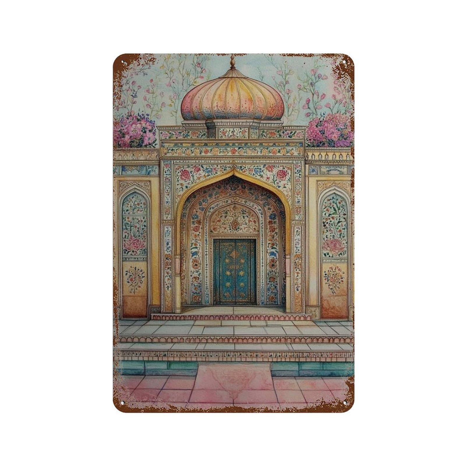 xiaoxiaoshen Indian Palace Watercolor Mughal Architecture Traditional Ethnic Intricate Floral Wall Decor Art Metal Tin Poster Modern Home Decor Art Home Bar Shop Decorations Vintage Sign 30x20cm