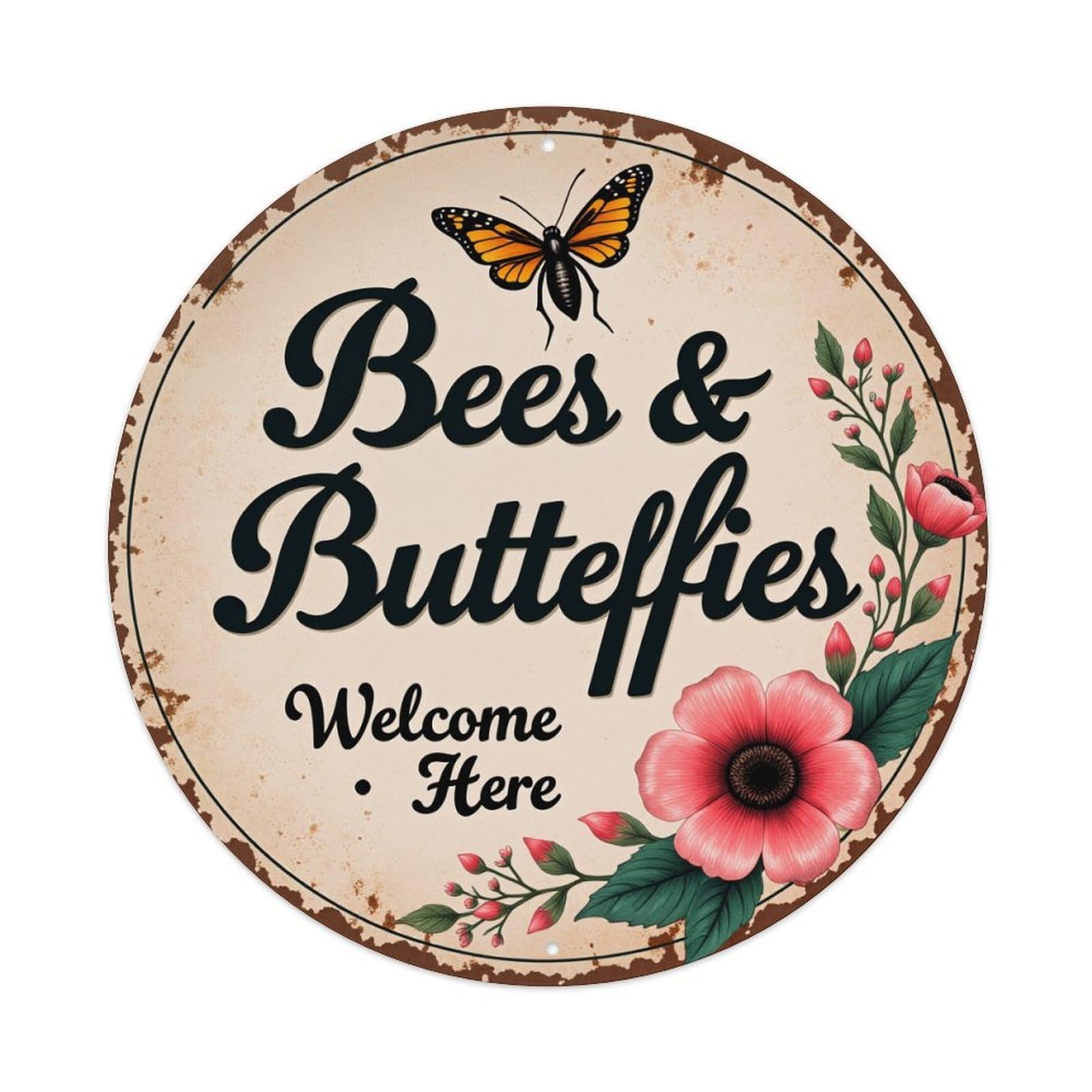 Bees Butterflies Welcome Here Floral Pattern Metal Tin Sign Plaque