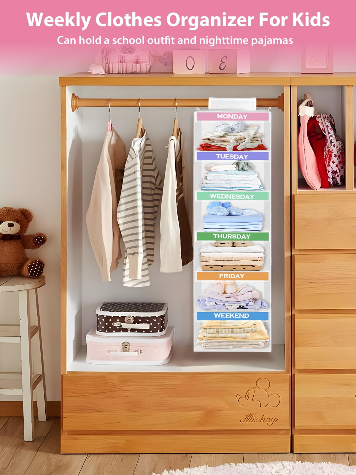boailydi Weekly Clothes Organizer for Kids 6-Shelf Hanging Closet Organizer with Monday Through Friday Compartments & 2 Side Pockets – Space-Saving Clothes Storage for Children Closet Storage