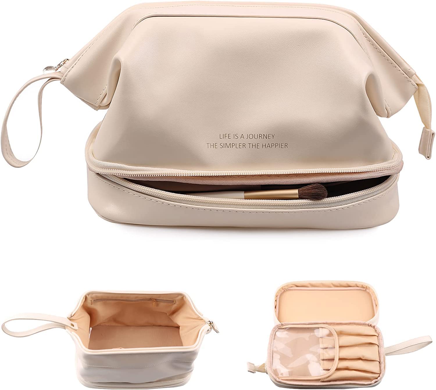 BUYORY Makeup Organiser For Women & Girls, Travel Makeup Bag, Cosmetic Travel Bags, Portable Leather Toiletry Bag, Large Zipper Travel Organiser (White), 13 Cm Width-image-45