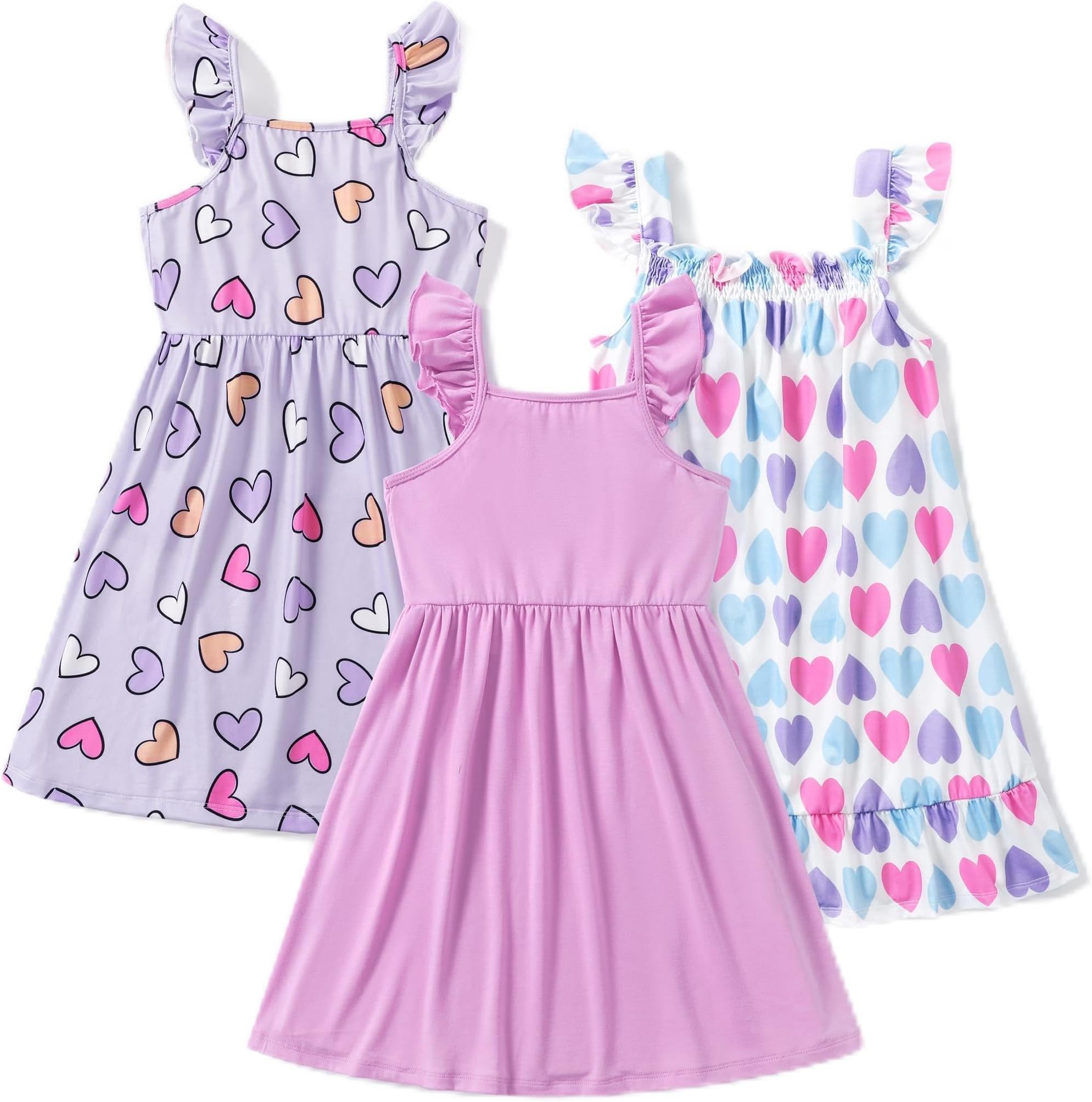 Girls Dress Set Pack of 3 Summer Dresses Sleeveless Ruffle Princess Dresses for Birthday Party Banquet and Holiday, A-line Shape and Knee Length, Size 2-12 Years