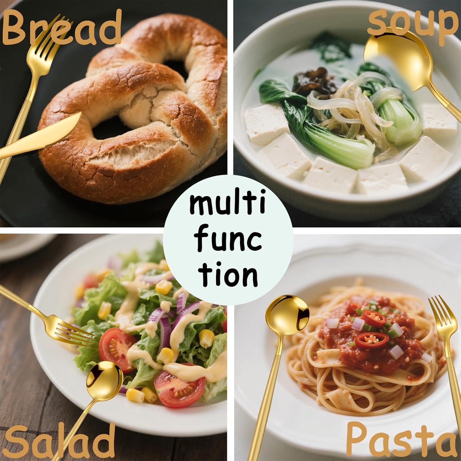 Modern Gold silverware Set,Premium 18/10 Stainless Steel,Heavy duty,Sturdy,Sharp Practical steak knives,Matte gold Handle,Mirror Polished Finish,Kitchen Essential, (golden)