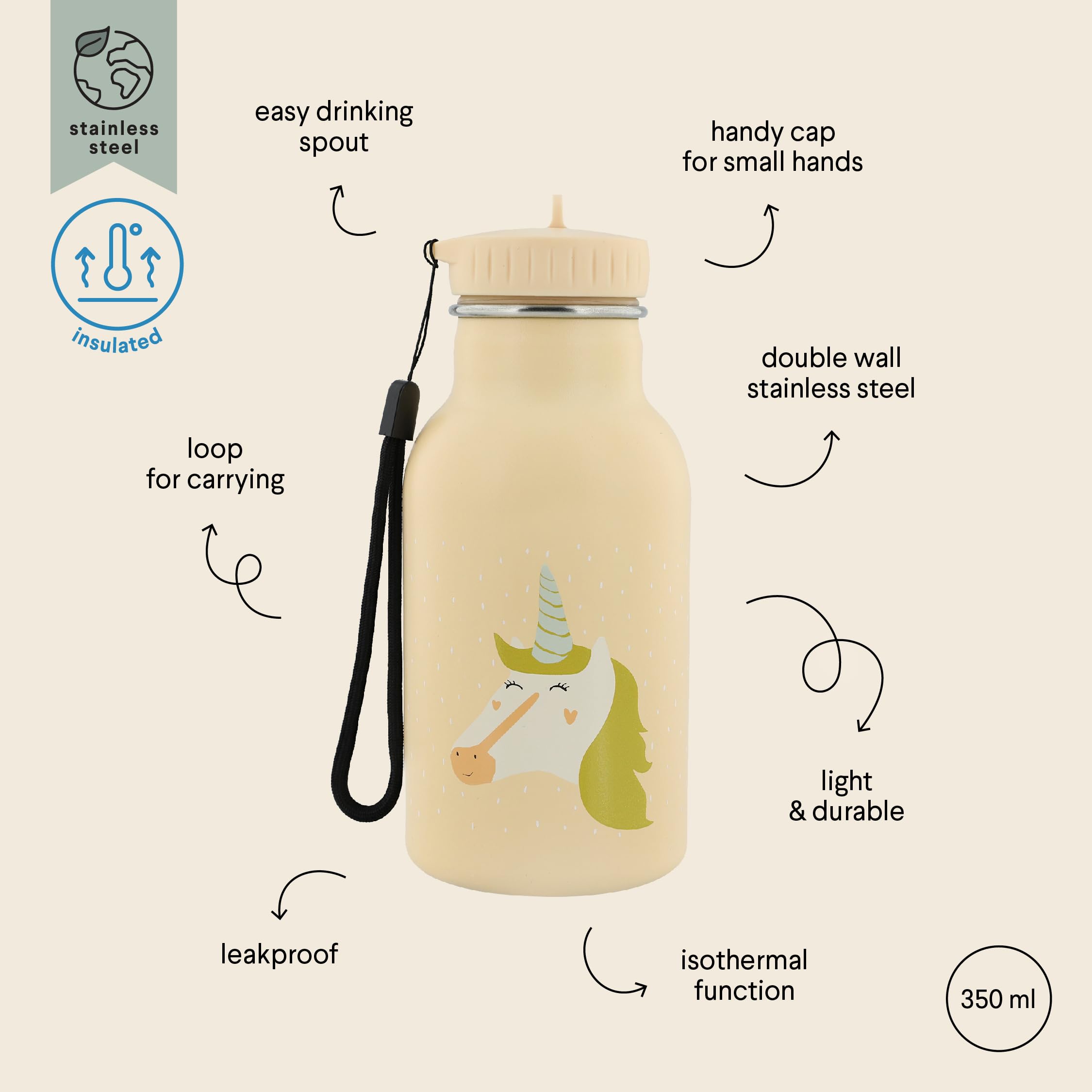 Trixie Insulated Drinking Bottle, Mrs. Unicorn, 350ml Stainless Steel Water Bottle for Kids, Nude, Keeps Drinks Cold - Image 2