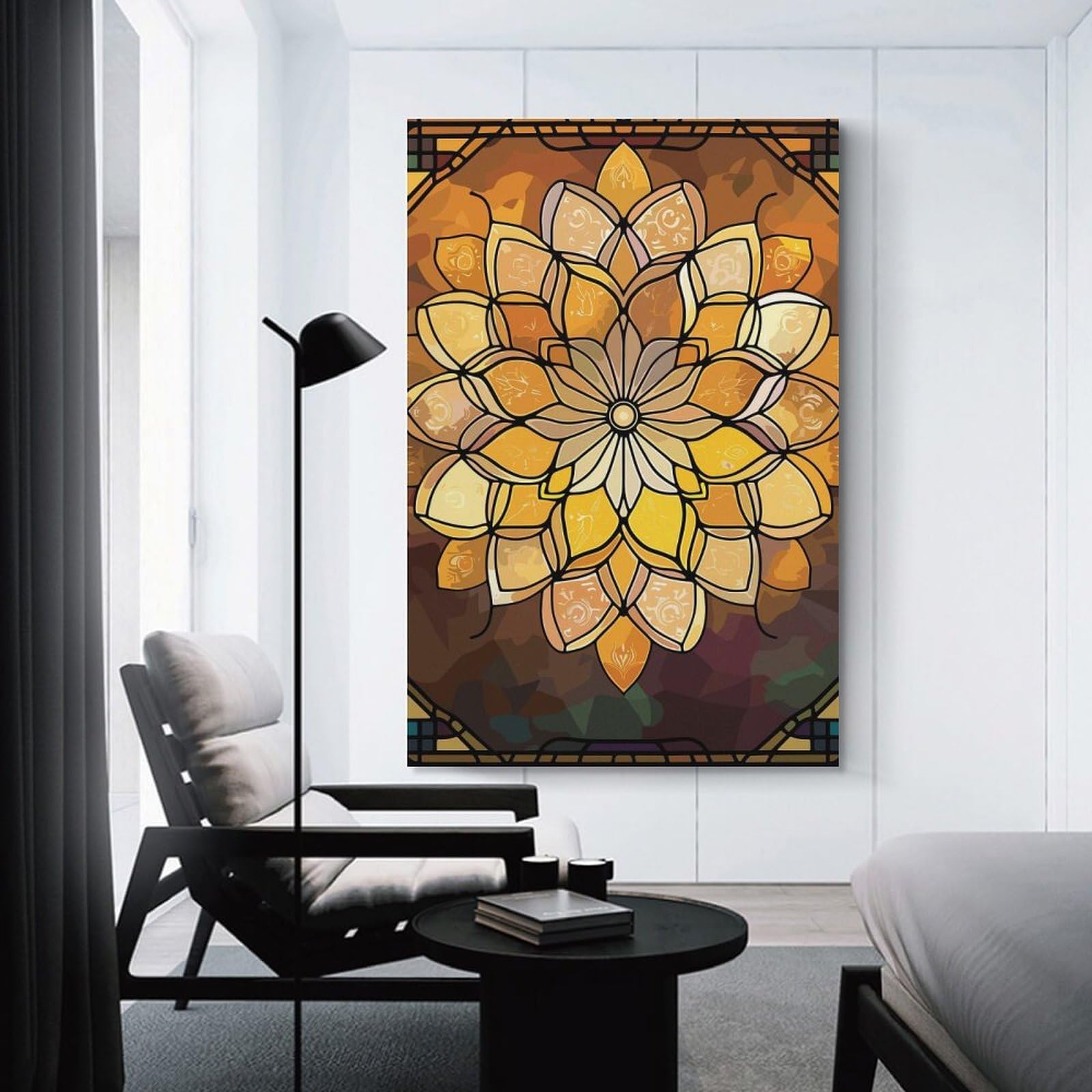 Junmoney Golden Floral Stained Glass Mandala Canvas Wall Decor 24x36inch(60x90cm), for Calm Bedrooms, Home Corners Or Flats, An Easy Wall Refresh for Bedrooms