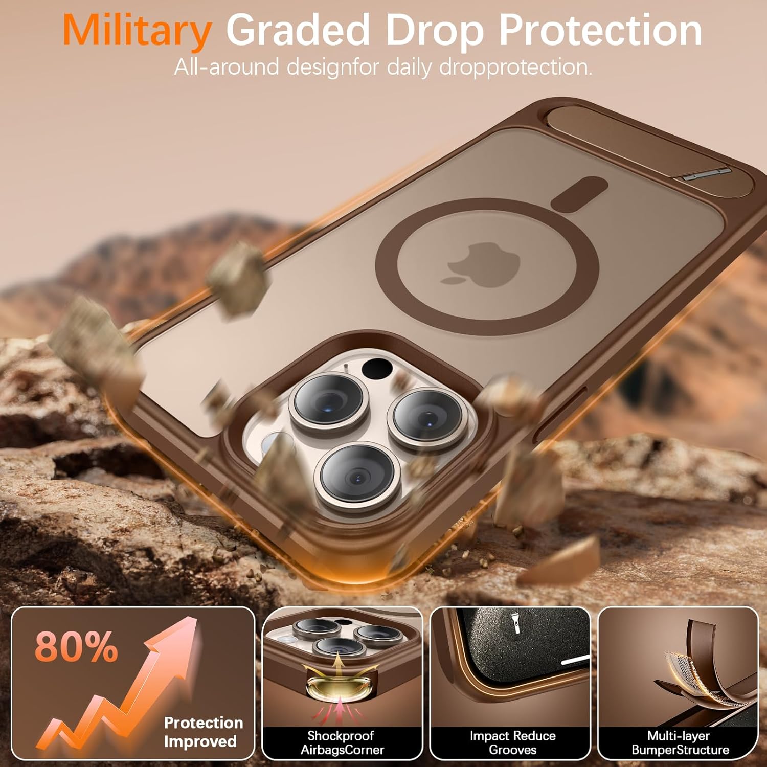 VENINGO Magnetic Case for iPhone 15 Pro Max Case 6.7" Compatible with Mag Safe, Military-Grade Protection with Built-in Kickstand,Skin Feeling,Ultra-Strong Magnets,Bronze - Image 4