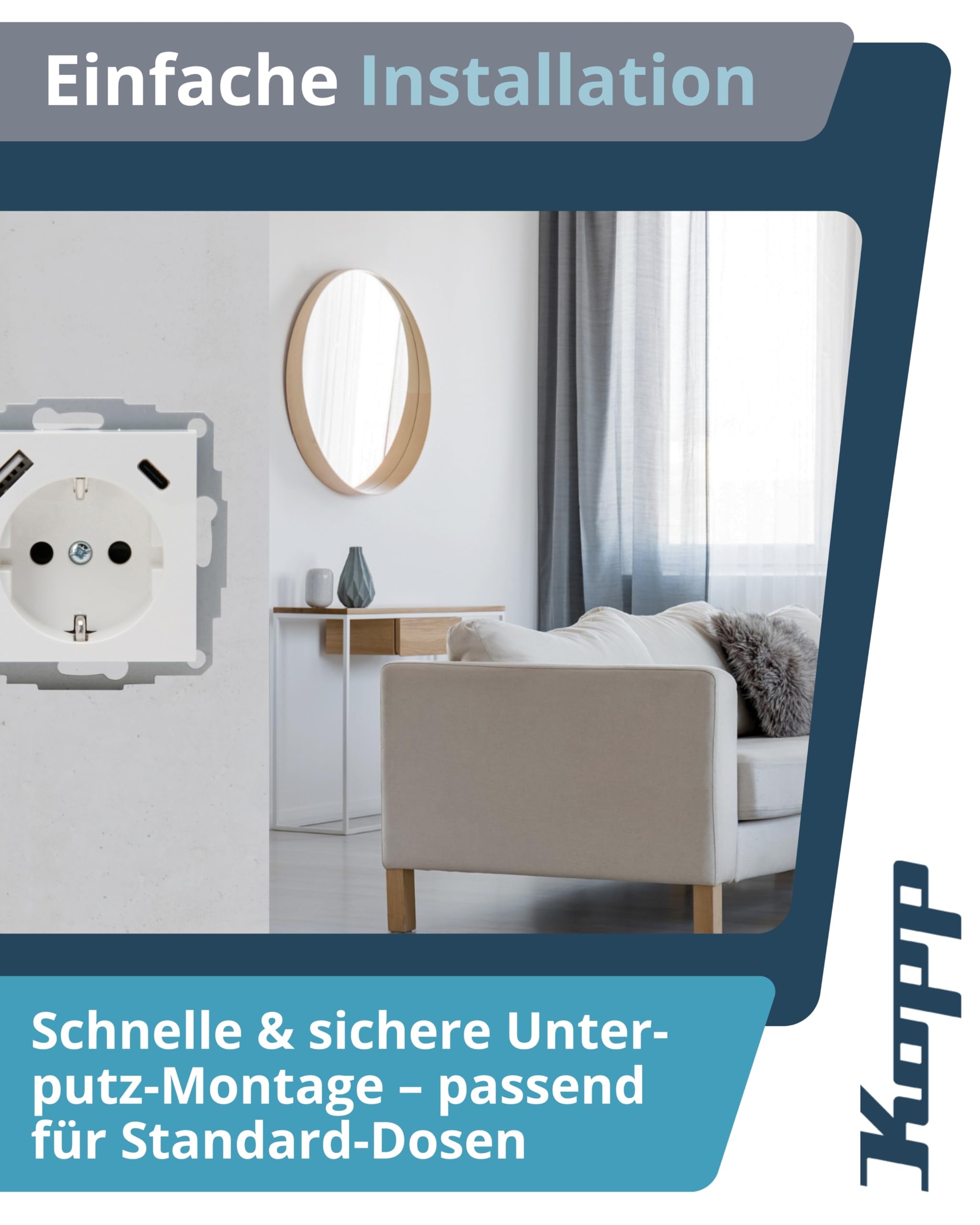 Kopp ATHENIS Unterputz-Steckdose mit USB A & USB C in Reinweiß – Schutzkontakt-Steckdose mit integrierten Ladebuchsen – 16 A / 250 V~ IP20 – Steckklemmen & erhöhter Berührungsschutz