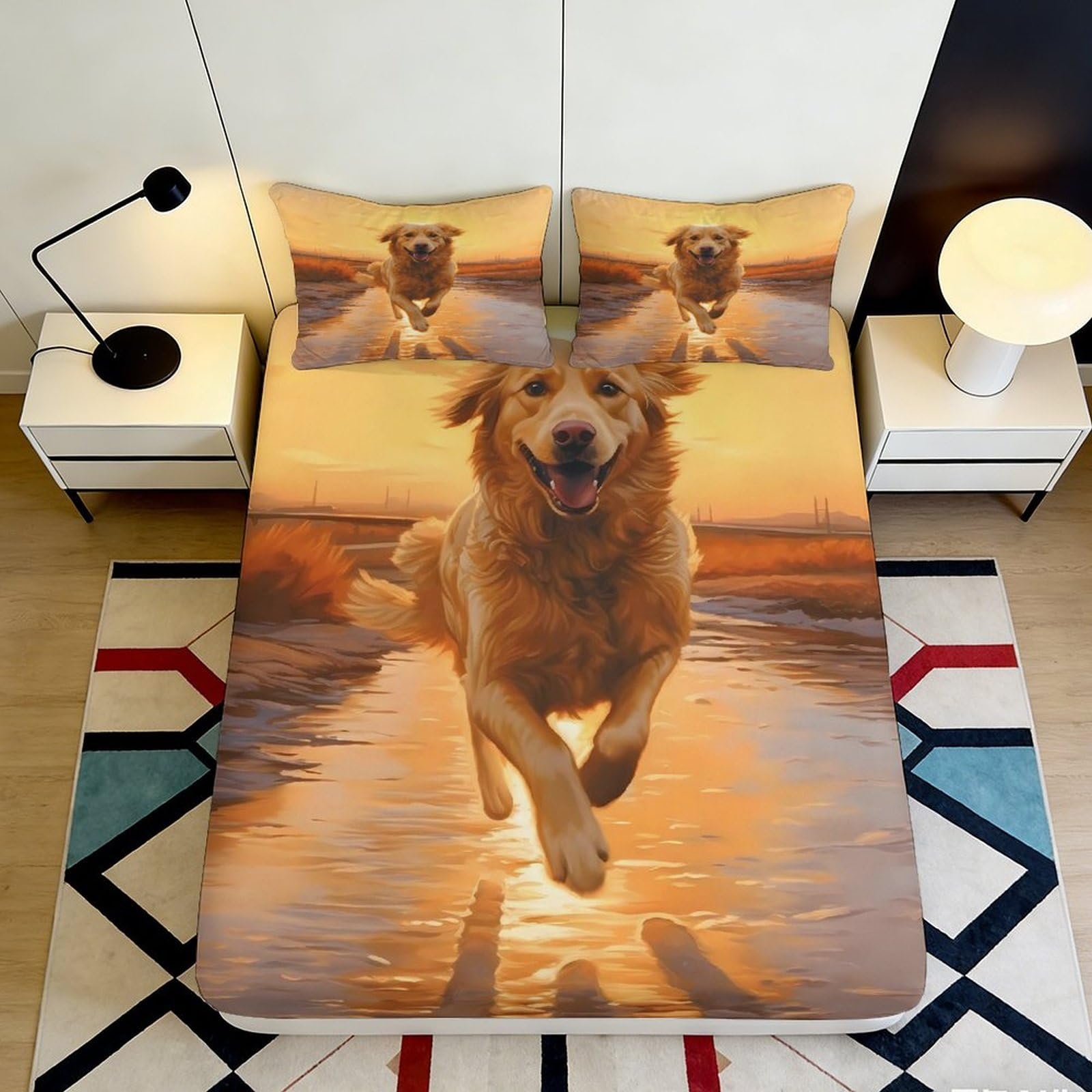 3D Printed Golden Retriever Fitted Sheet Microfiber Deep Pocket Elastic Hem Golden Dog Mattress Fitted Cover for Bedroom 160x200x25cm