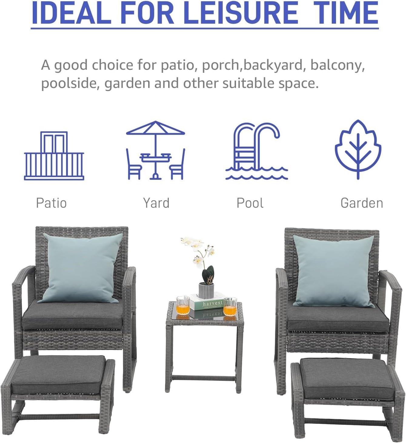 5 Piece Outdoor Patio Wicker Furniture Set All Weather Grey PE Rattan Chair and Ottoman Footstool Conversation Sets Coffee Table Cushions for Garden Balcony Porch Space