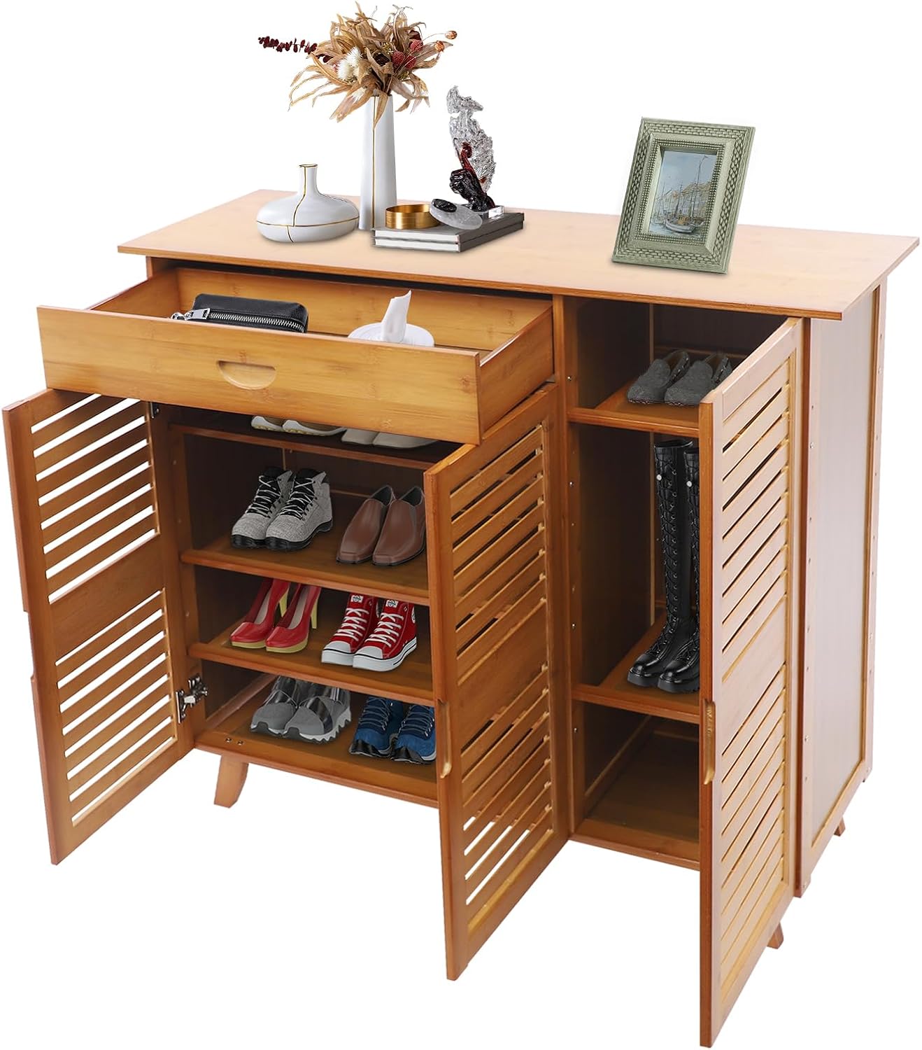 Bamboo Shoe Cabinet, 8-Tier Shoe Storage Cabinet with 1 Drawer 3 Doors, Freestanding Bamboo Shoe Rack Organizer with Shelves for Entryway, Hallway, Closet, Living Room (Brown)