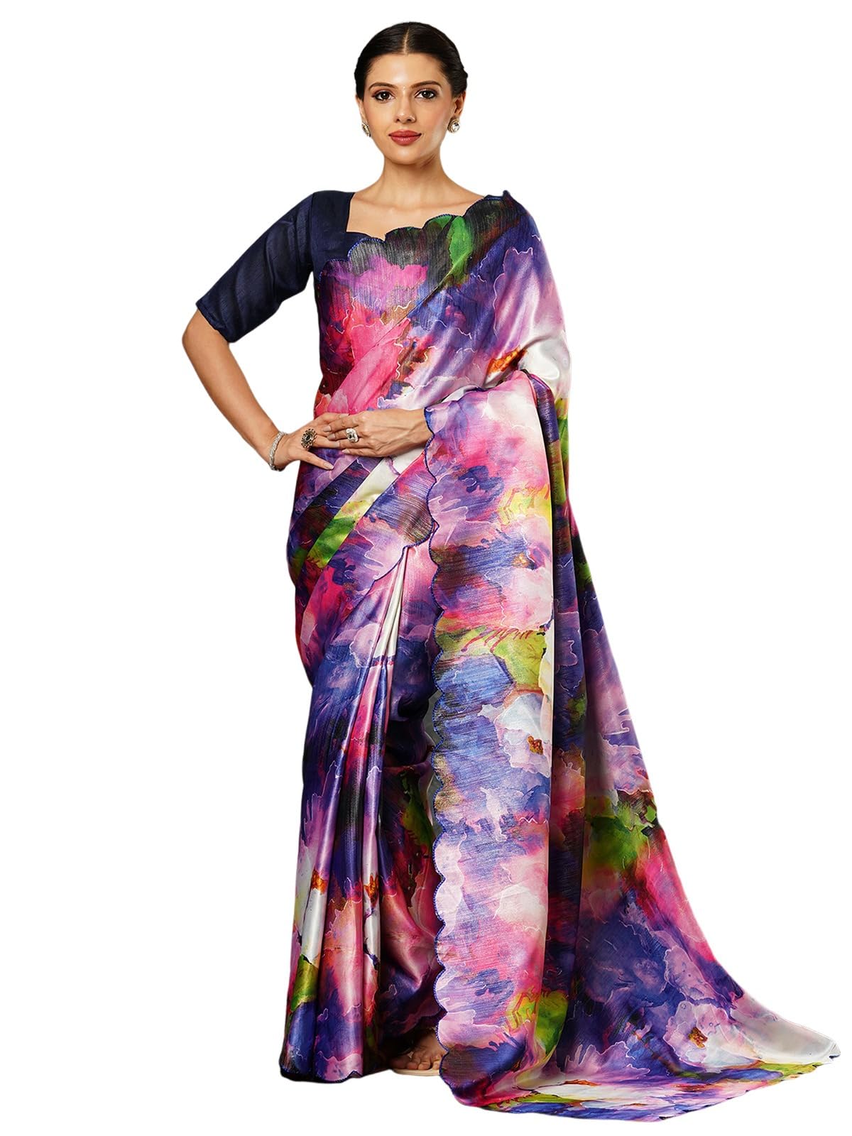 Satrani Women's Satin Georgette Floral Printed Saree With Unstitched Blouse Piece (3908S325N_Multi)