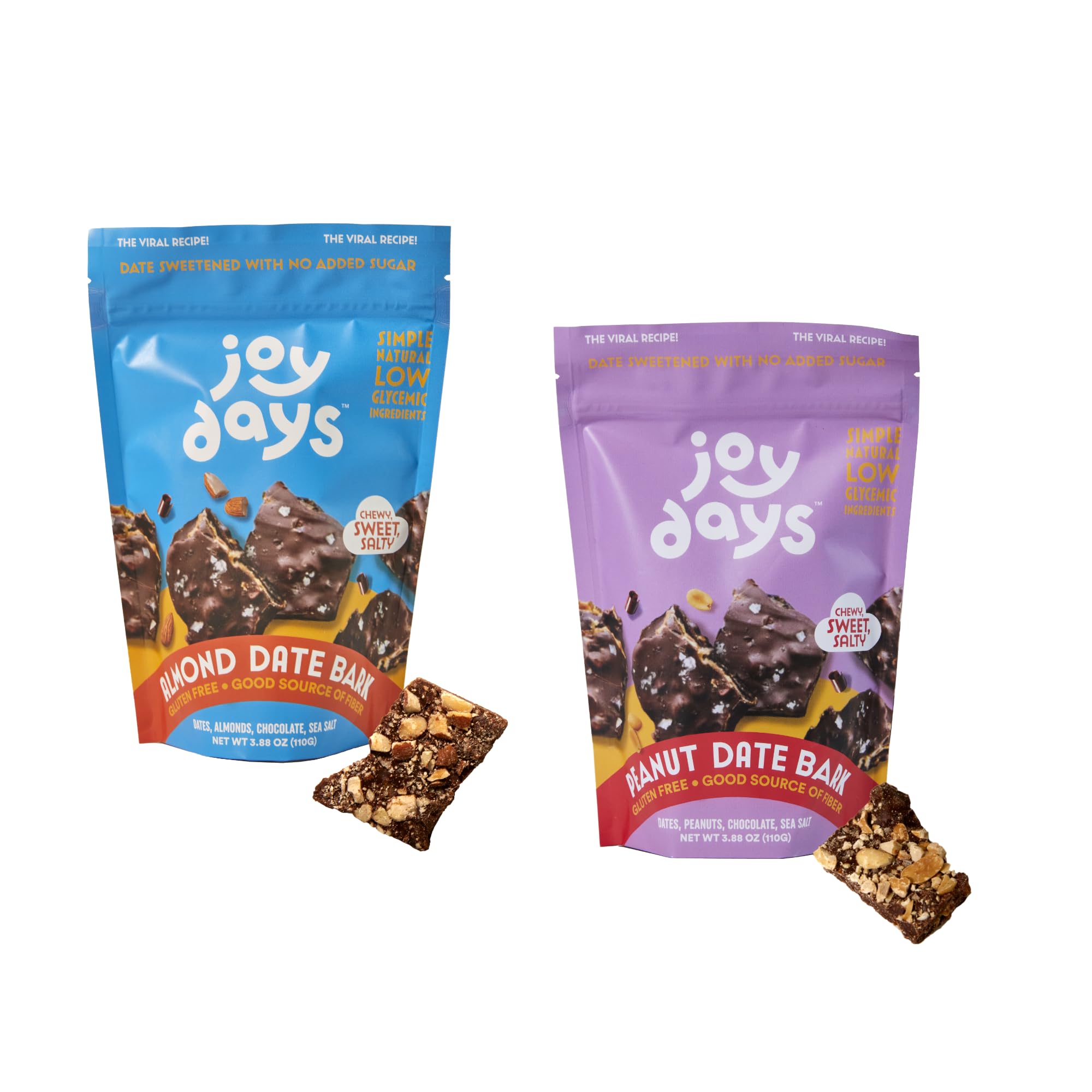Joydays Dark Chocolate Date Bark, 2 Flavor Pack (Peanut & Almond), Dates, Sea Salt, Roasted Peanuts or Almonds, Gluten Free, Vegan, Healthier Snacks