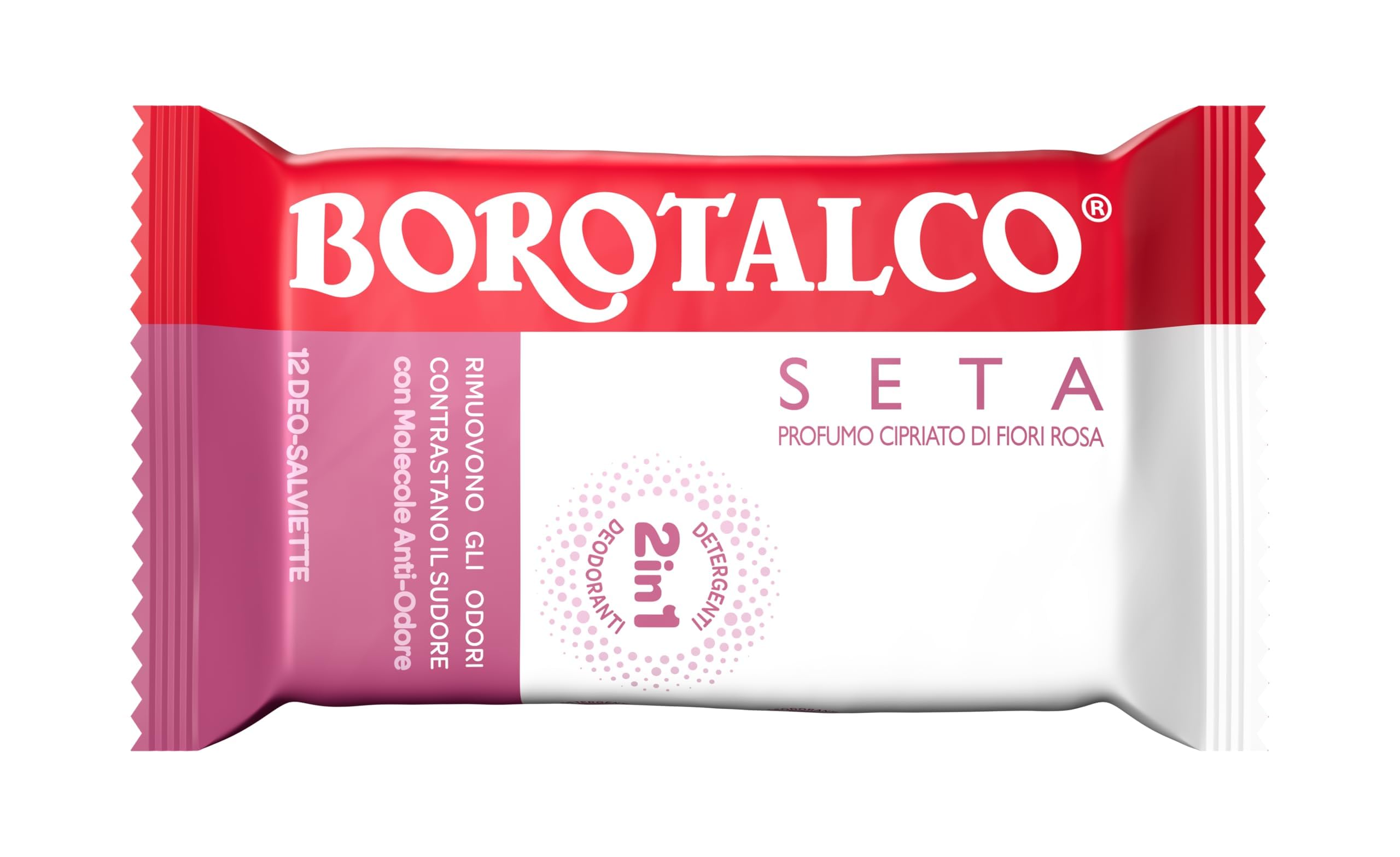 Borotalco, Deo-Salviette Seta, Salviette Deodoranti e Detergenti 2in1, con Molecole Anti-Odore e Formula Anti-Macchia, Efficacia Deodorante 48h, Ideali per Uso Quotidiano, Confezione da 12 Pz