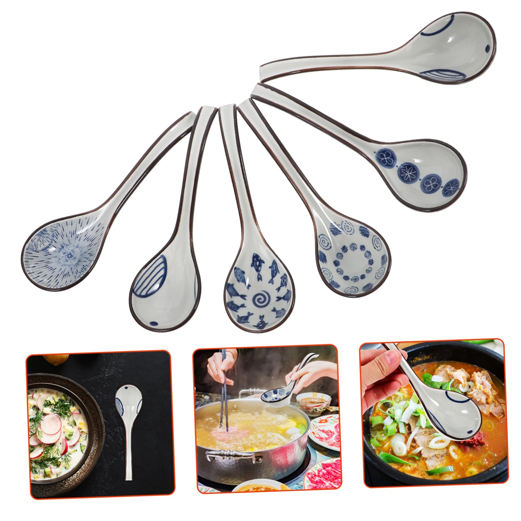 MAGICLULU Keramik Asiatische Suppenlöffel für Suppe und Reisgerichte Leicht zu Reinigen Klassisches Muster 6 Stück