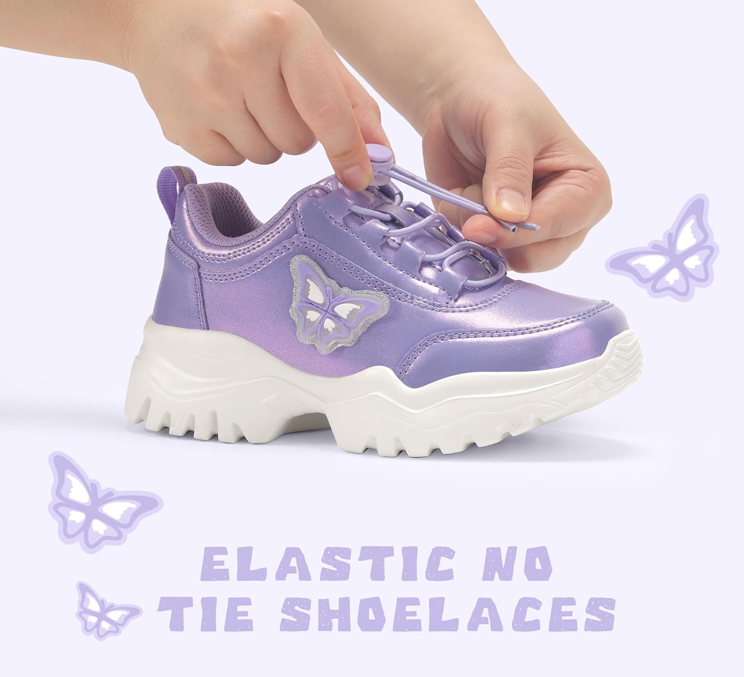 LUCKY STEP Kids Chunky Sneakers Fashion Platform Walking Tennis Shoe Sparkly Butterfly Faux Leather Elastic No-tie Laces School Shoes for Girls Boys - Image 3