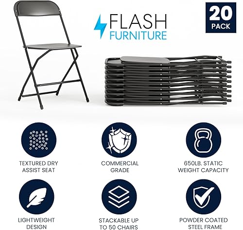 Vista 130 de Flash Furniture Hercules - Silla plegable comercial grande y alta, extraancha, capacidad de 650 libras de plástico duradero, color negro, paquete