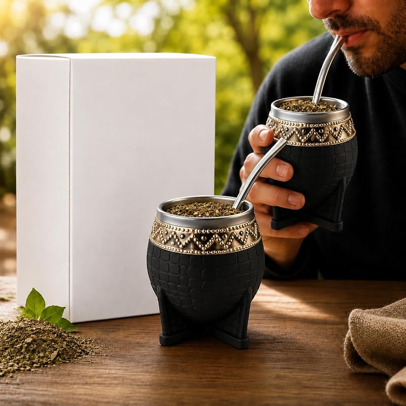 Mate Torpedo Argentino Kit Mate, Taza de te Imperial Acero Inoxidable, With Straw Tea Gourd Mug One Bombilla (Straw), Wrapped Handmade Leather Ideal for Gift and Travel (Black)