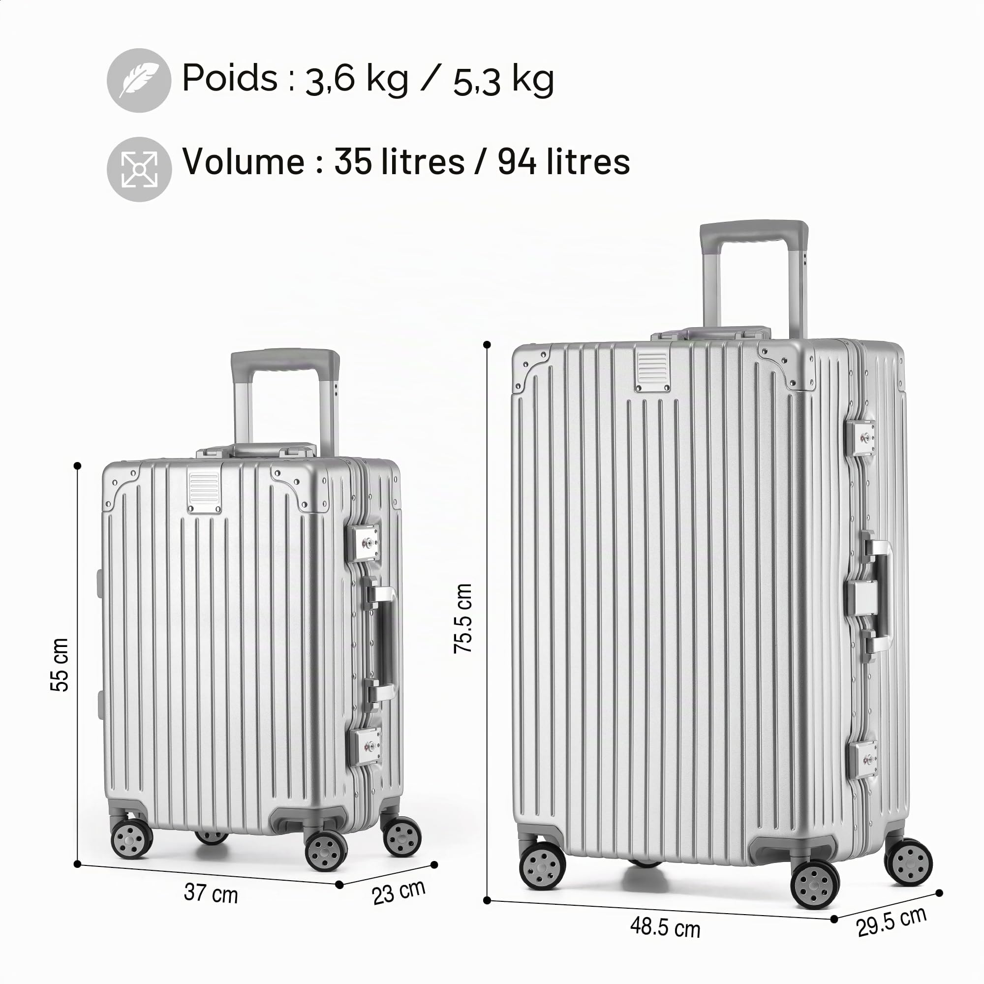 KOFA Zurich Lot de 2 valises, taille M 55 cm et XL 75 cm, cadre en aluminium et coque rigide en polycarbonate, valise cabine + valise en soute, trolley spinner avec 4 roulettes et double serrure TSA