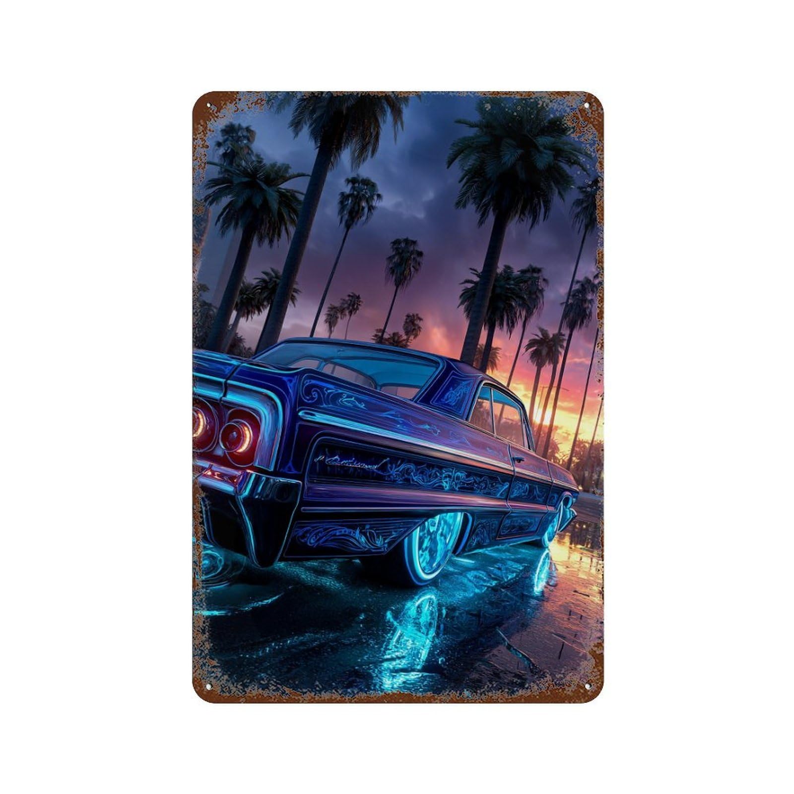 Garage Style Neon Classic Car Sunset Distressed Metal Wall Sign 11.8"x7.9", Classic Wall Plaque for Bar And Workshop